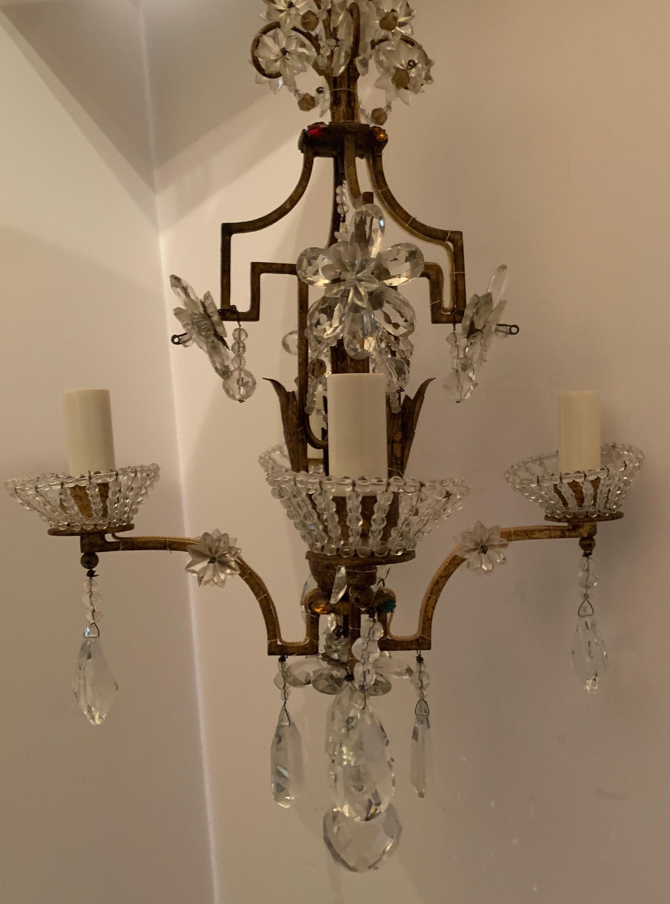 Wonderful Bagues French Gilt Crystal Beaded Petite Chandelier Four-Light Fixture In Good Condition In Roslyn, NY