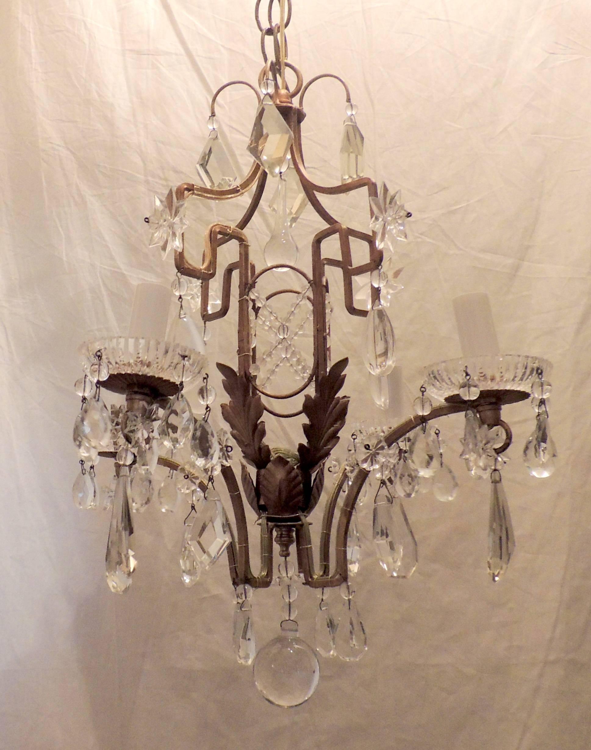 Wonderful Bagues French Gilt Crystal Beaded Petite Chandelier Four-Light Fixture For Sale 1