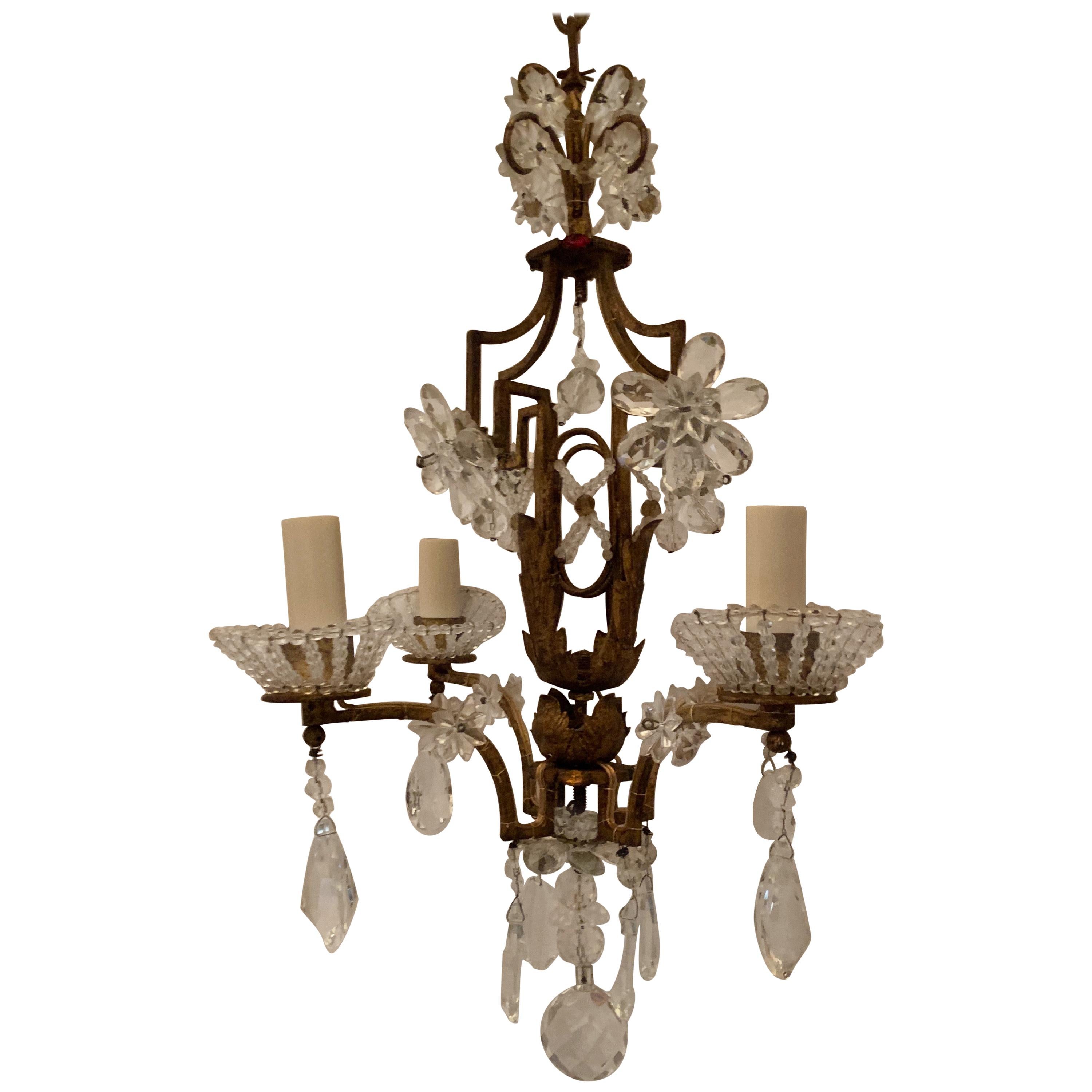 Wonderful Bagues French Gilt Crystal Beaded Petite Chandelier Four-Light Fixture