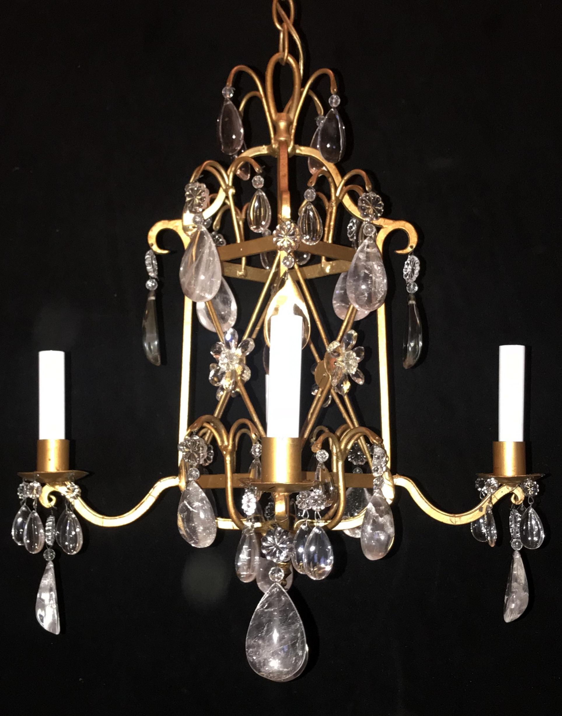 Belle Époque Wonderful Baguès French Gold Gilt Square Rock Crystal Flower Petite Chandelier For Sale