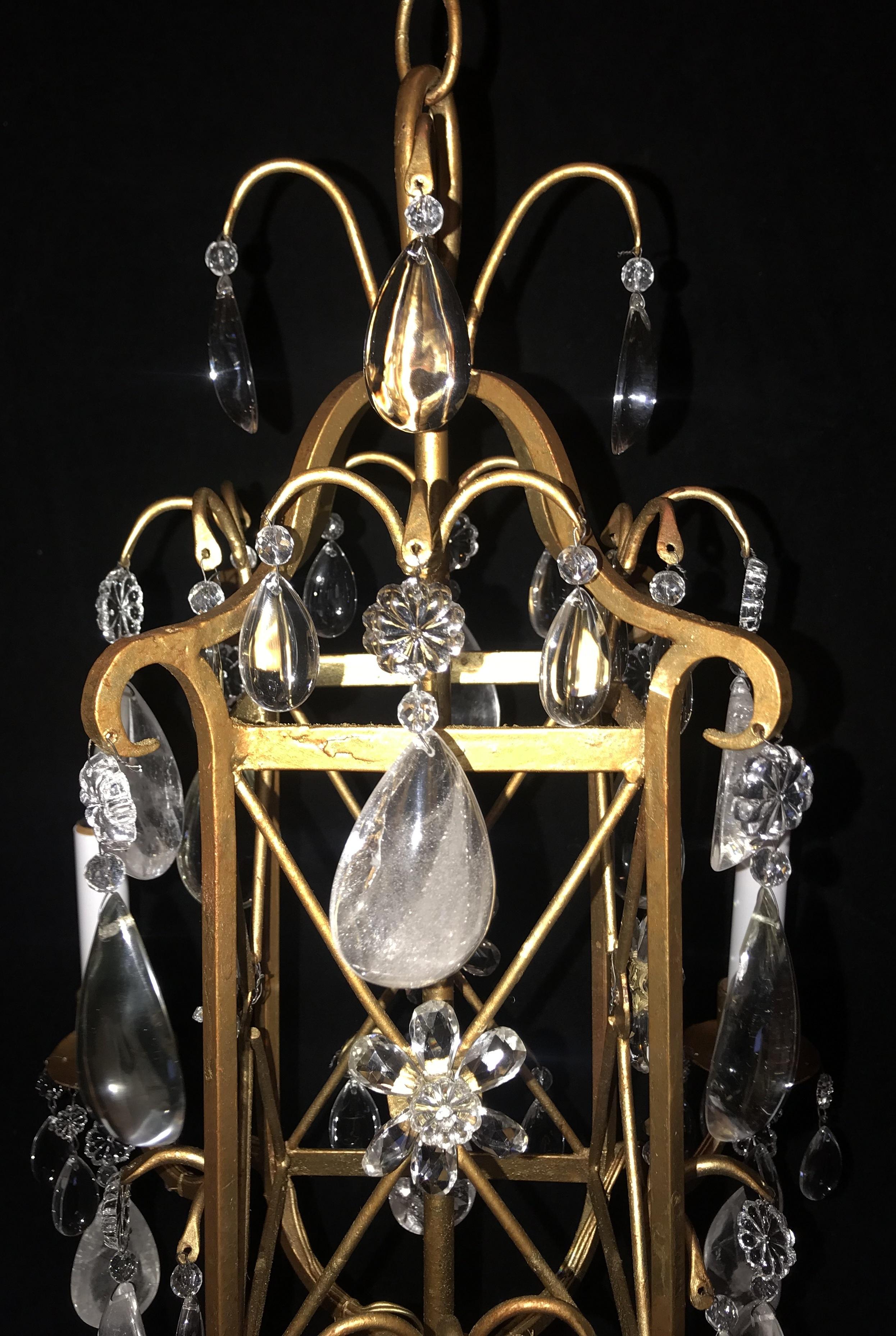 Wonderful Baguès French Gold Gilt Square Rock Crystal Flower Petite Chandelier In Good Condition For Sale In Roslyn, NY