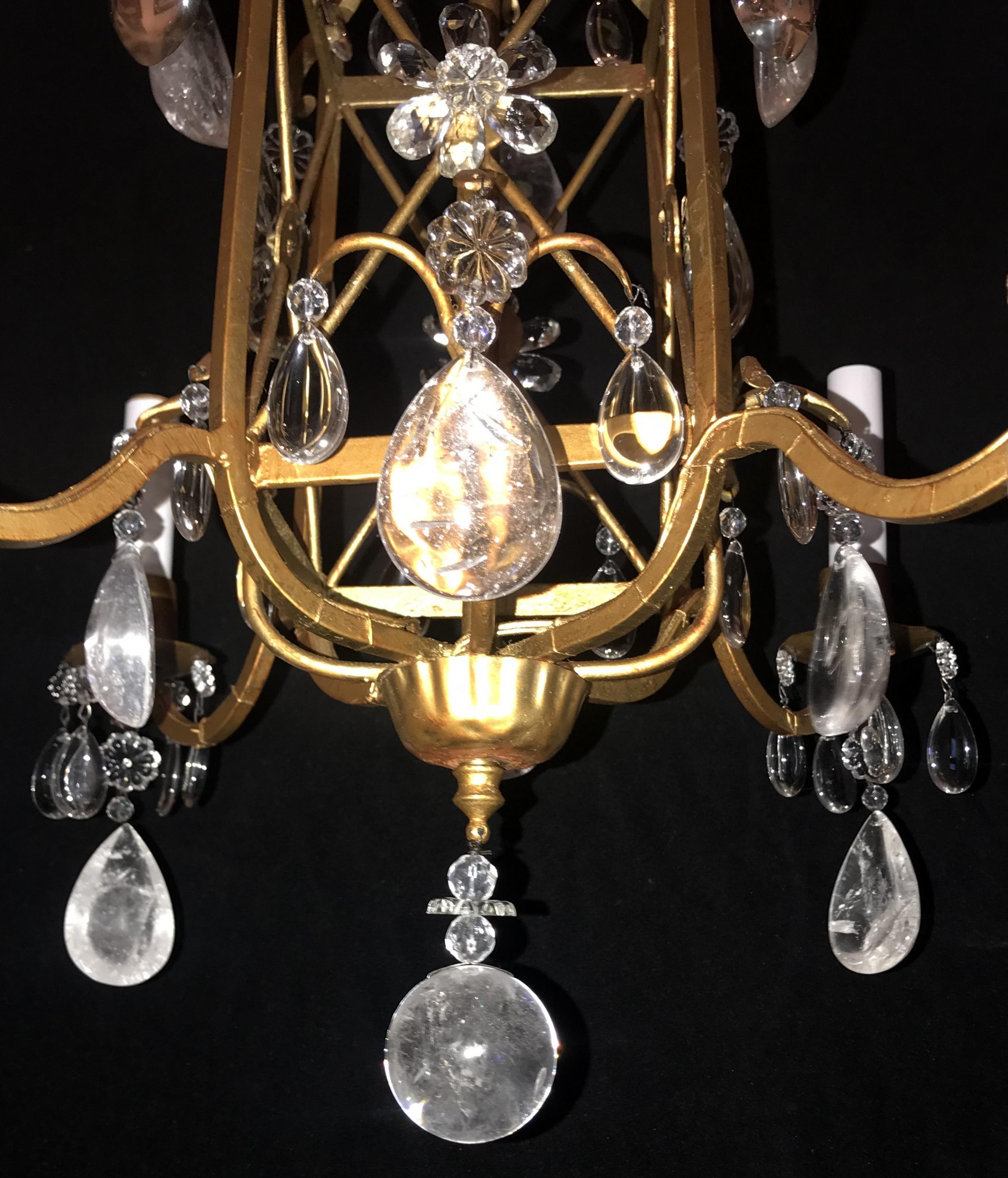 20th Century Wonderful Baguès French Gold Gilt Square Rock Crystal Flower Petite Chandelier For Sale