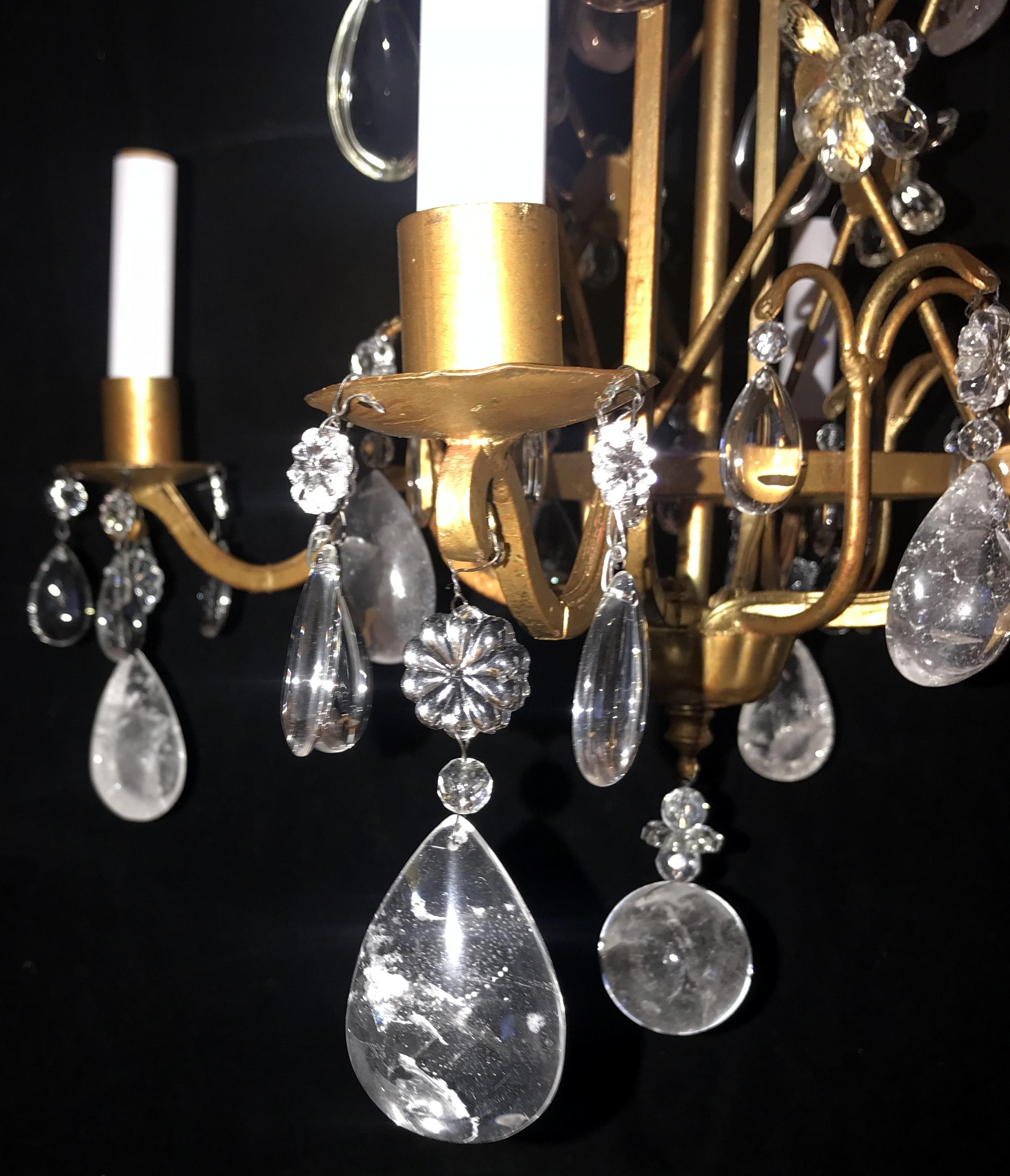 Wonderful Baguès French Gold Gilt Square Rock Crystal Flower Petite Chandelier For Sale 2