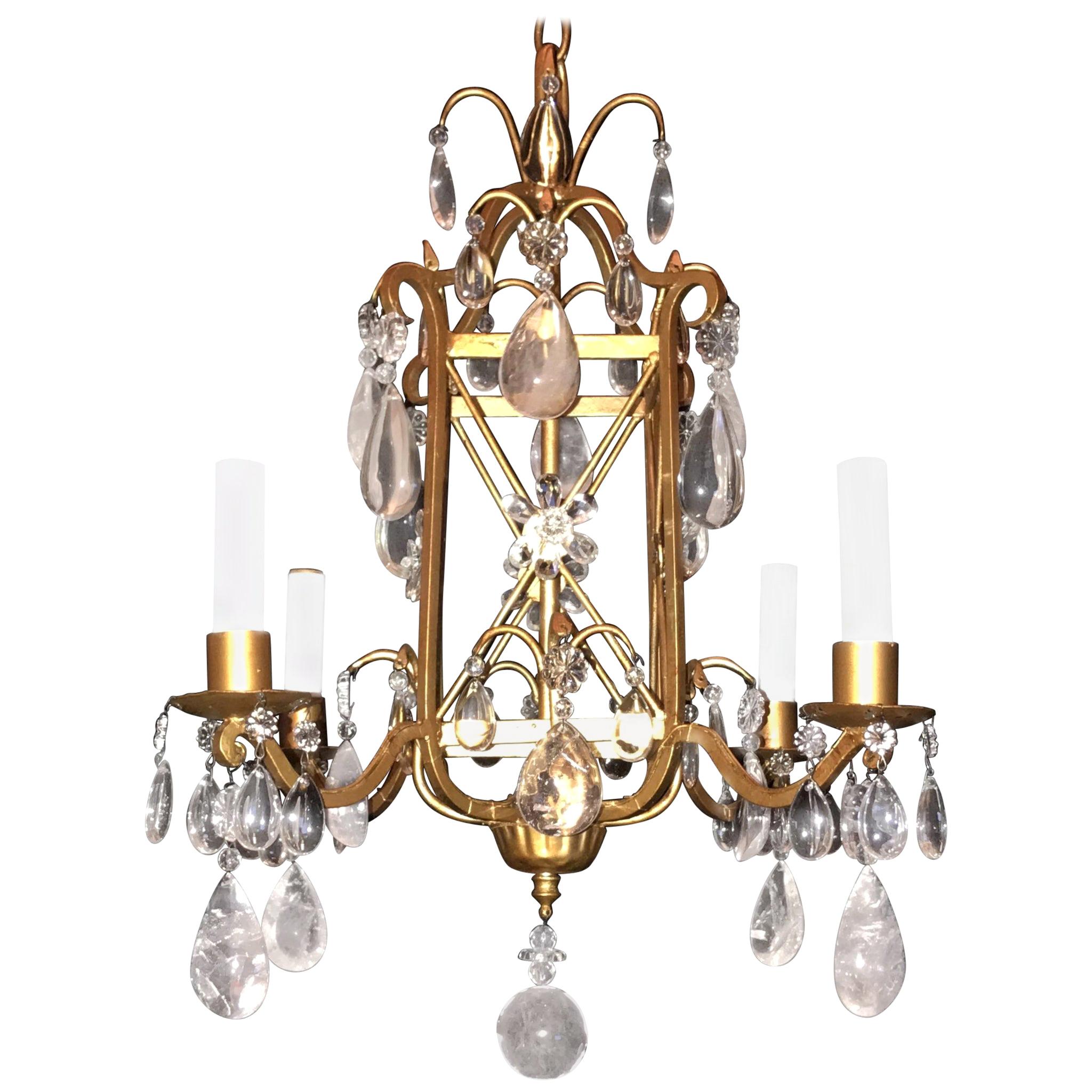 Wonderful Baguès French Gold Gilt Square Rock Crystal Flower Petite Chandelier For Sale