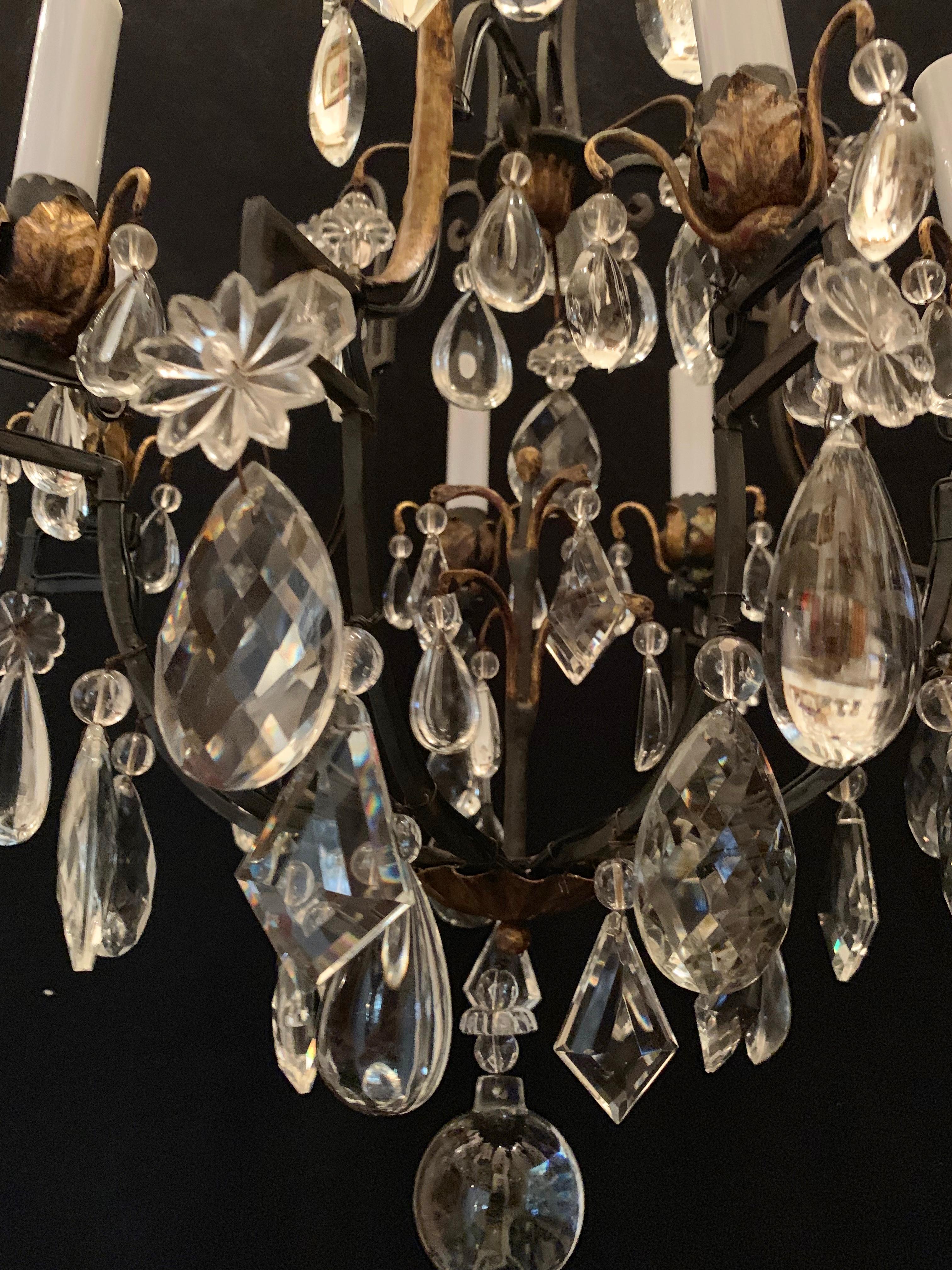 20th Century Wonderful Baguès Iron Gold Gilt Crystal Filigree Beaded Flower Chandelier