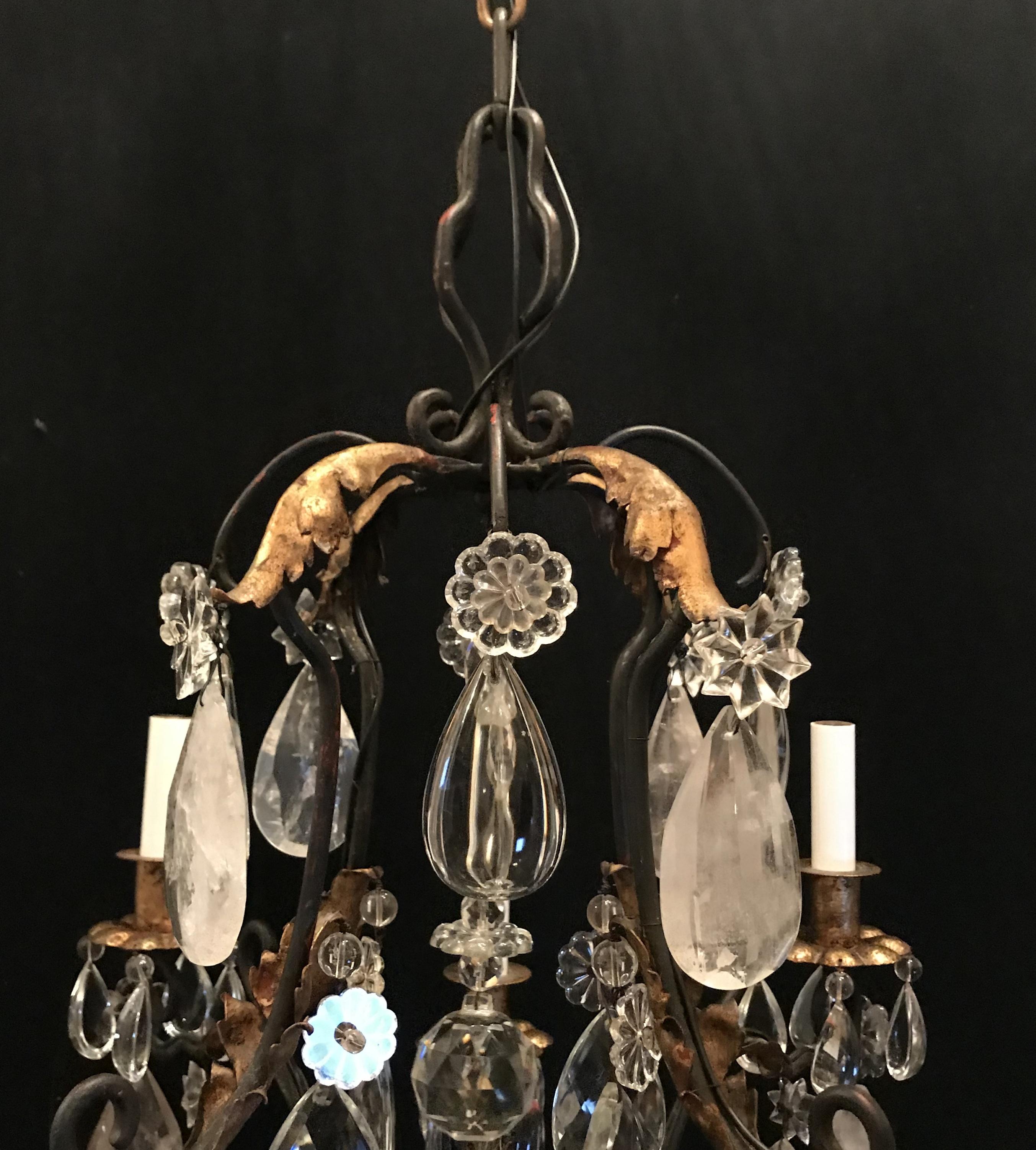 Mid-Century Modern Wonderful Baguès French Iron Gold Gilt Rock Crystal Filigree Beaded Chandelier