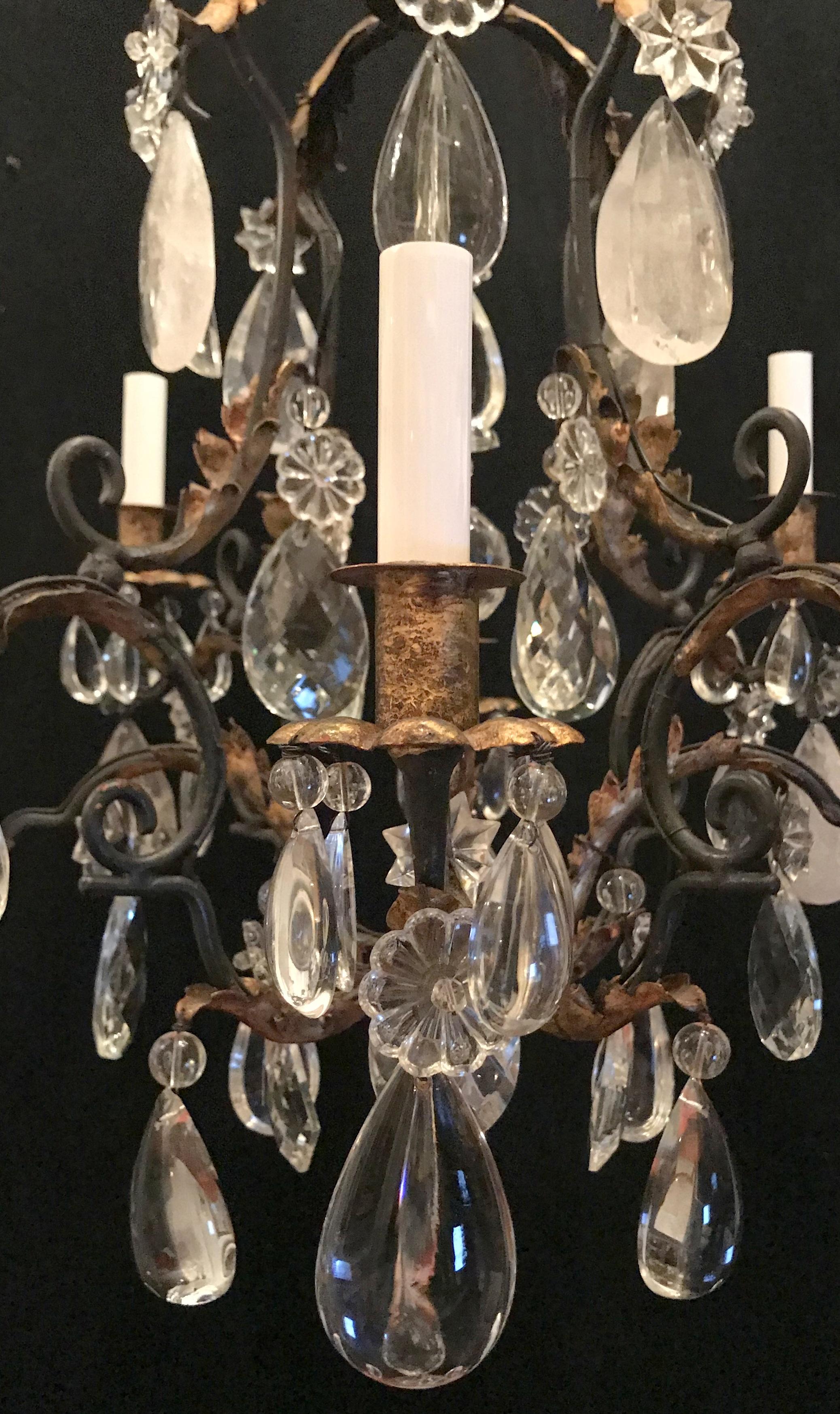 Wonderful Baguès French Iron Gold Gilt Rock Crystal Filigree Beaded Chandelier In Good Condition In Roslyn, NY