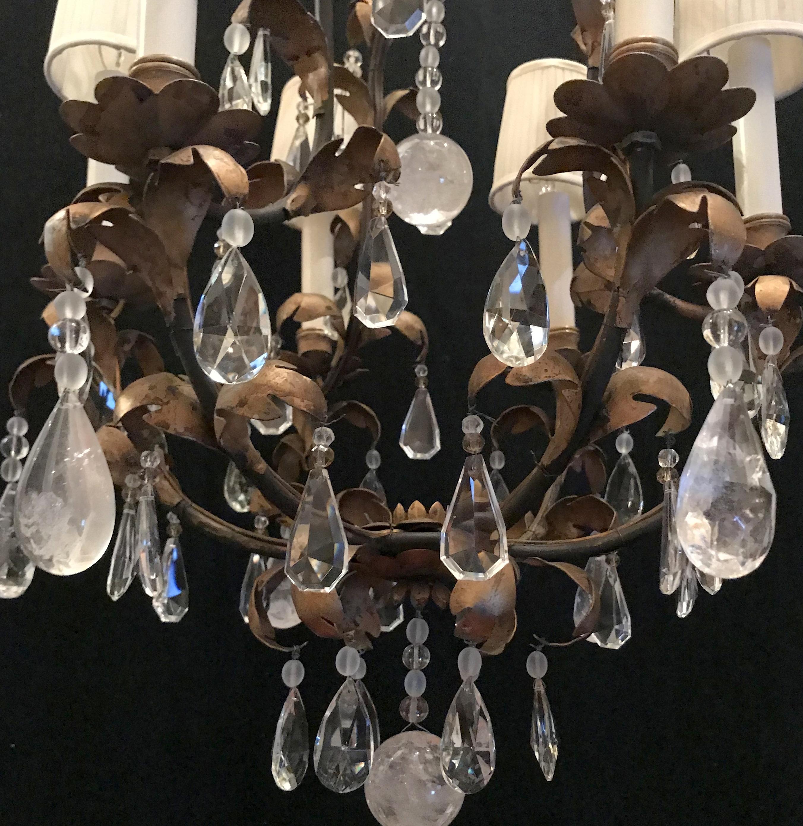 Wonderful Baguès French Iron Gold Gilt Rock Crystal Filigree Beaded Chandelier In Good Condition For Sale In Roslyn, NY