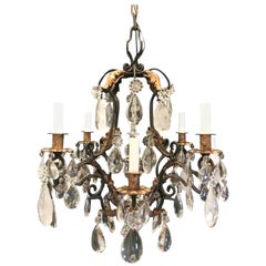 Wonderful Baguès French Iron Gold Gilt Rock Crystal Filigree Beaded Chandelier