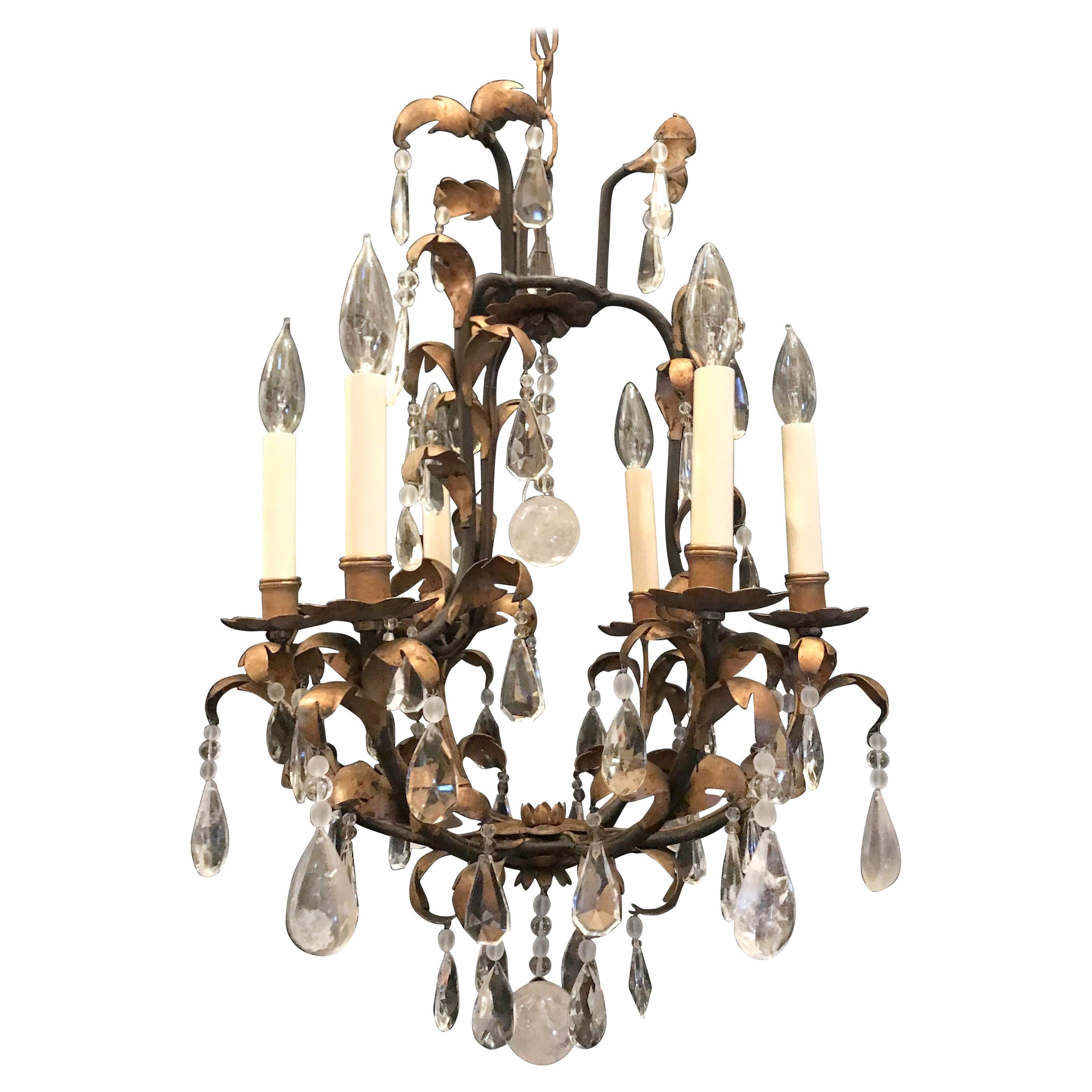 Wonderful Baguès French Iron Gold Gilt Rock Crystal Filigree Beaded Chandelier For Sale