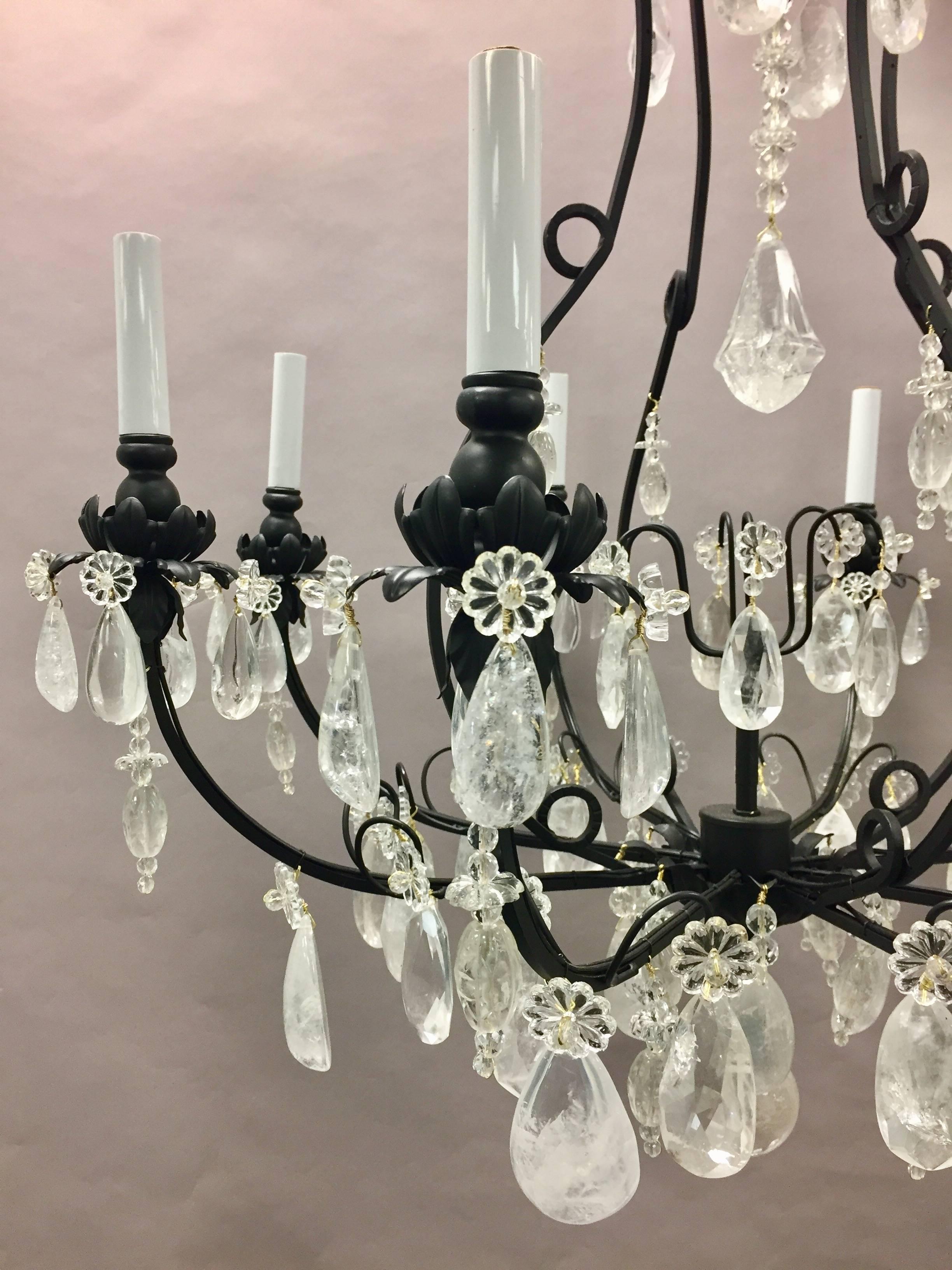 Wonderful Baguès French Rock Crystal Black Iron Chandelier Eight-Light Fixture In Good Condition In Roslyn, NY