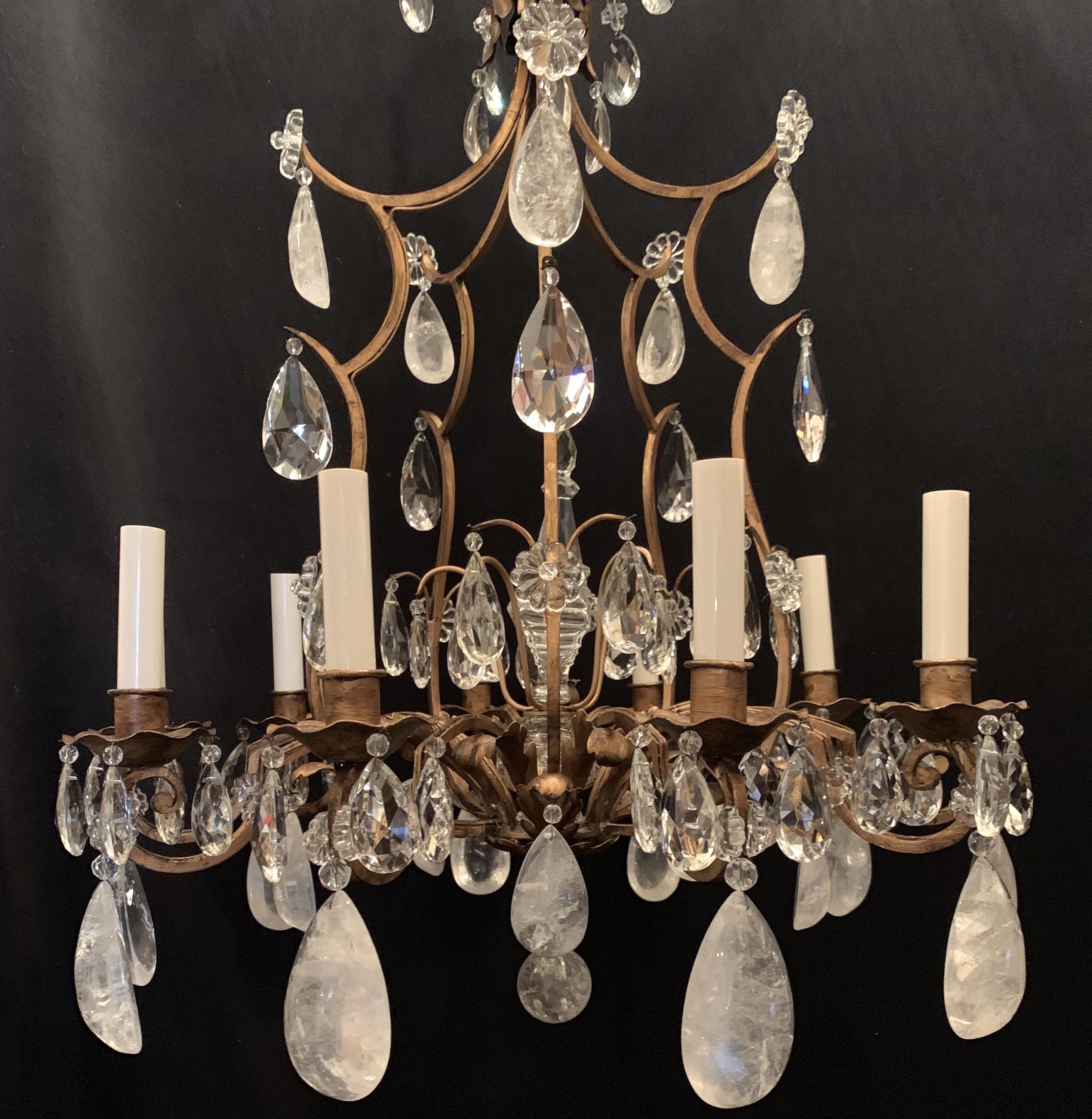 Mid-Century Modern Wonderful Baguès French Rock Crystal Gilt Iron Basket Form Chandelier Ten-Light