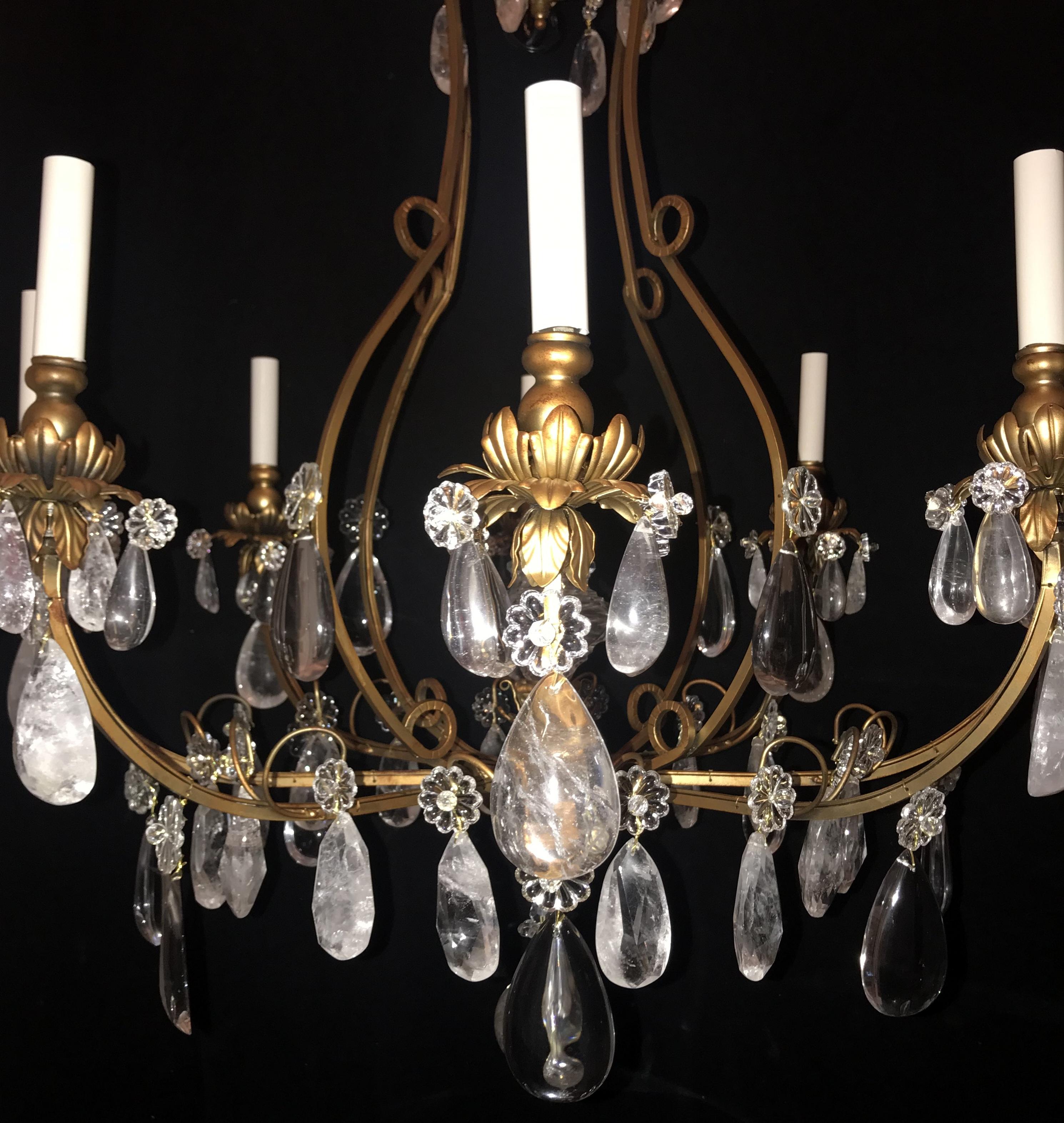 Wonderful Baguès French Rock Crystal Gilt Iron Chandelier Eight-Light Fixture In Good Condition For Sale In Roslyn, NY