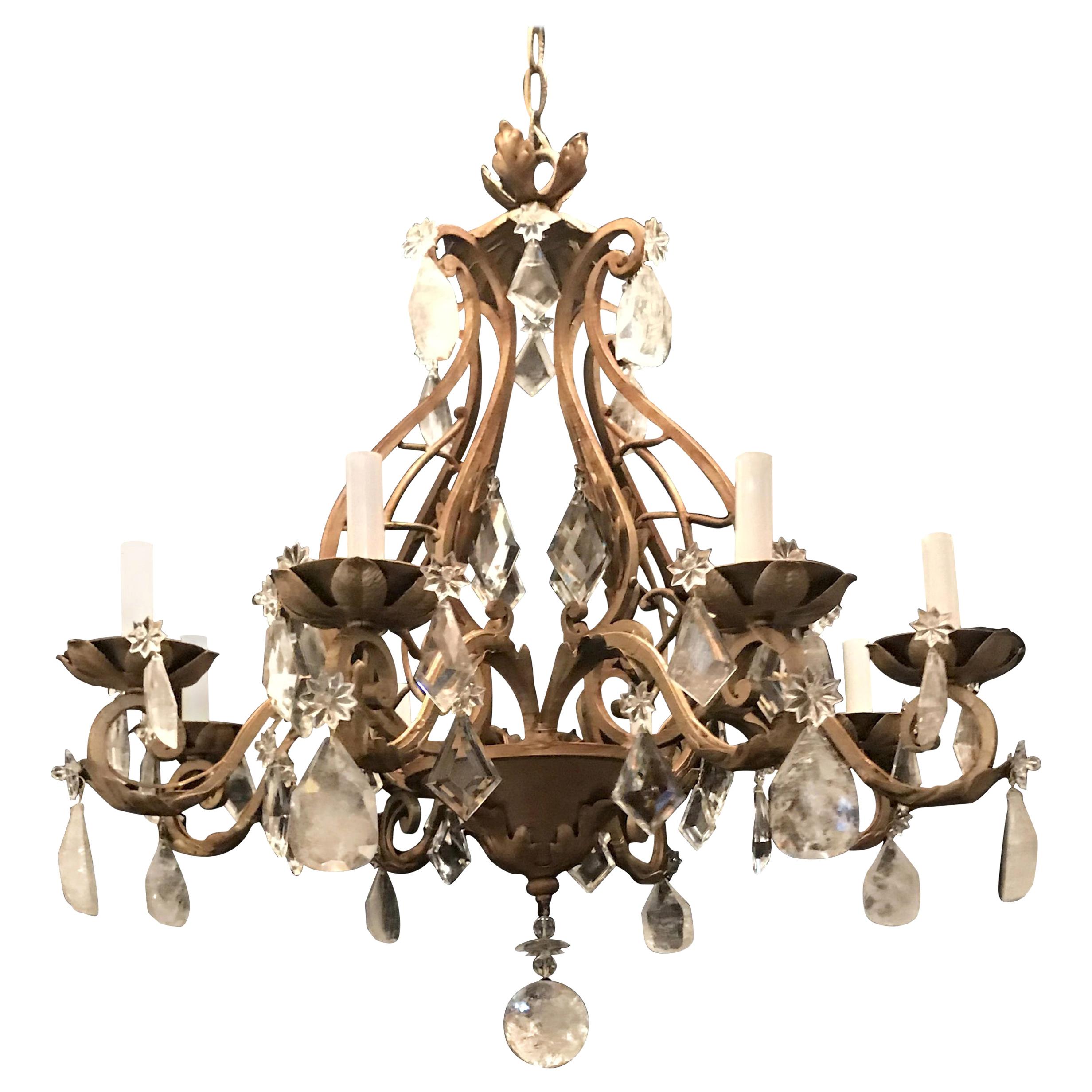 Wonderful Baguès French Rock Crystal Gilt Iron Chandelier Eight-Light Fixture For Sale