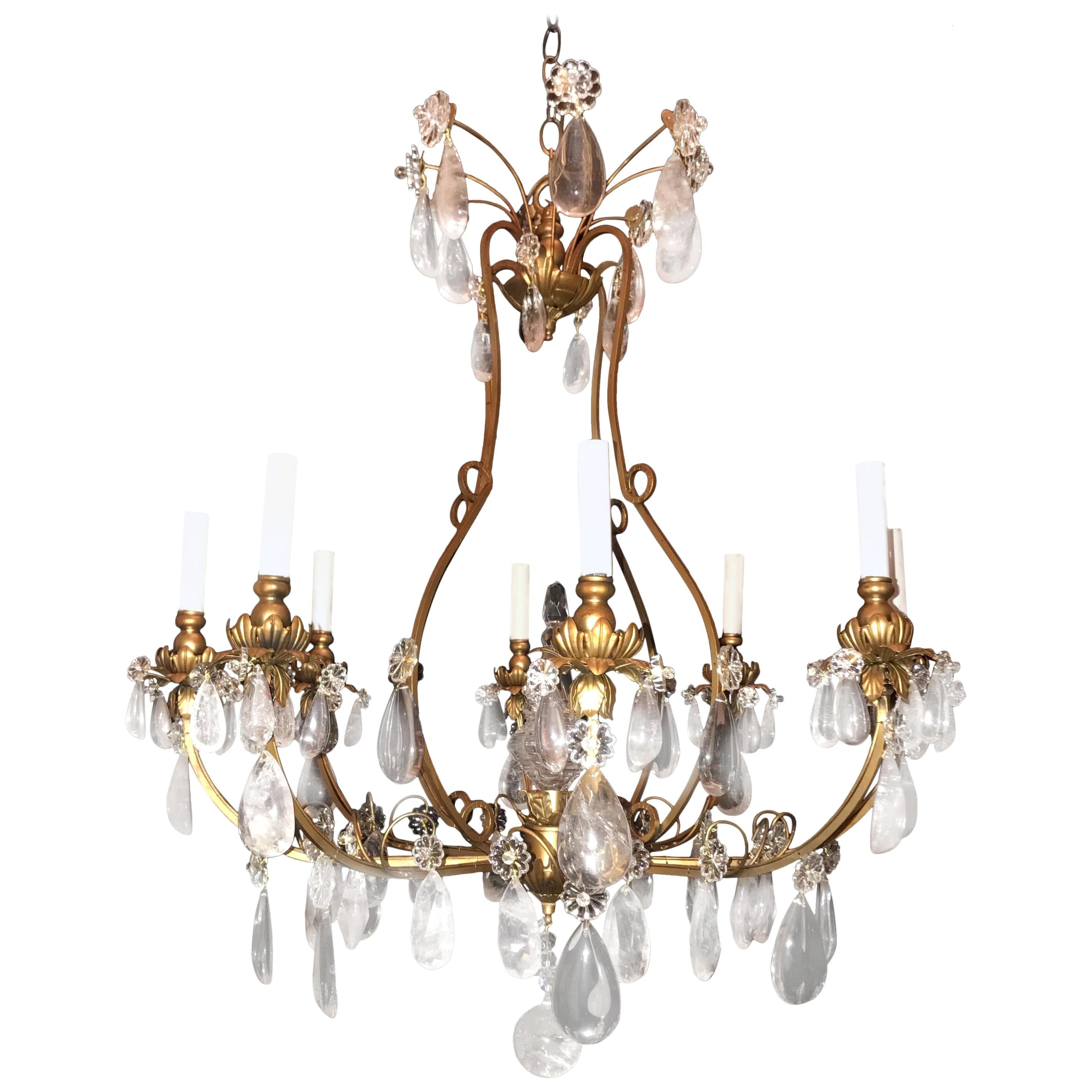 Wonderful Baguès French Rock Crystal Gilt Iron Chandelier Eight-Light Fixture For Sale