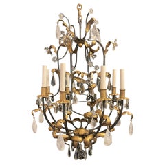 Wonderful Baguès Gold Gilt Iron Rock Crystal Flower Leaf Bird Cage Chandelier