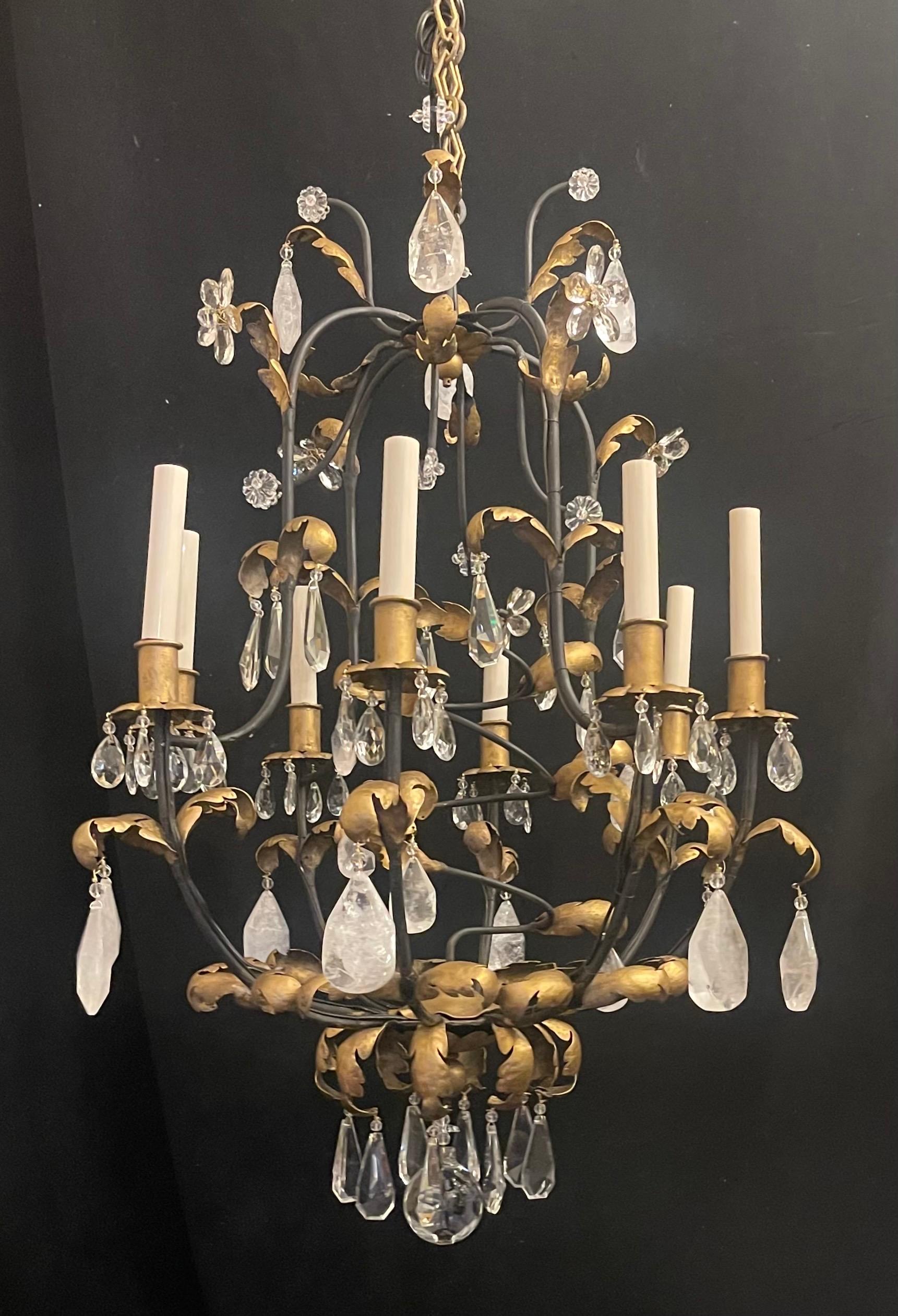Belle Époque Wonderful Baguès Gold Gilt Iron Rock Crystal Flower Leaf Bird Cage Chandelier For Sale