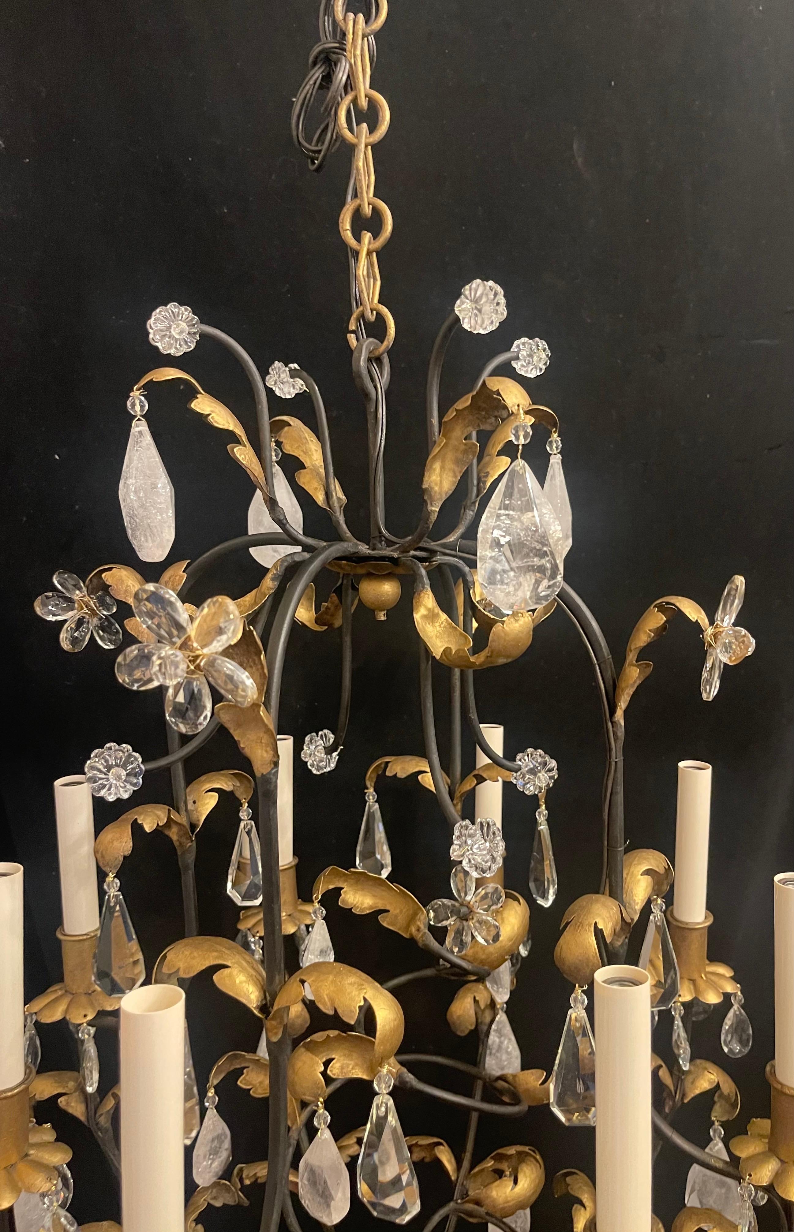 French Wonderful Baguès Gold Gilt Iron Rock Crystal Flower Leaf Bird Cage Chandelier For Sale