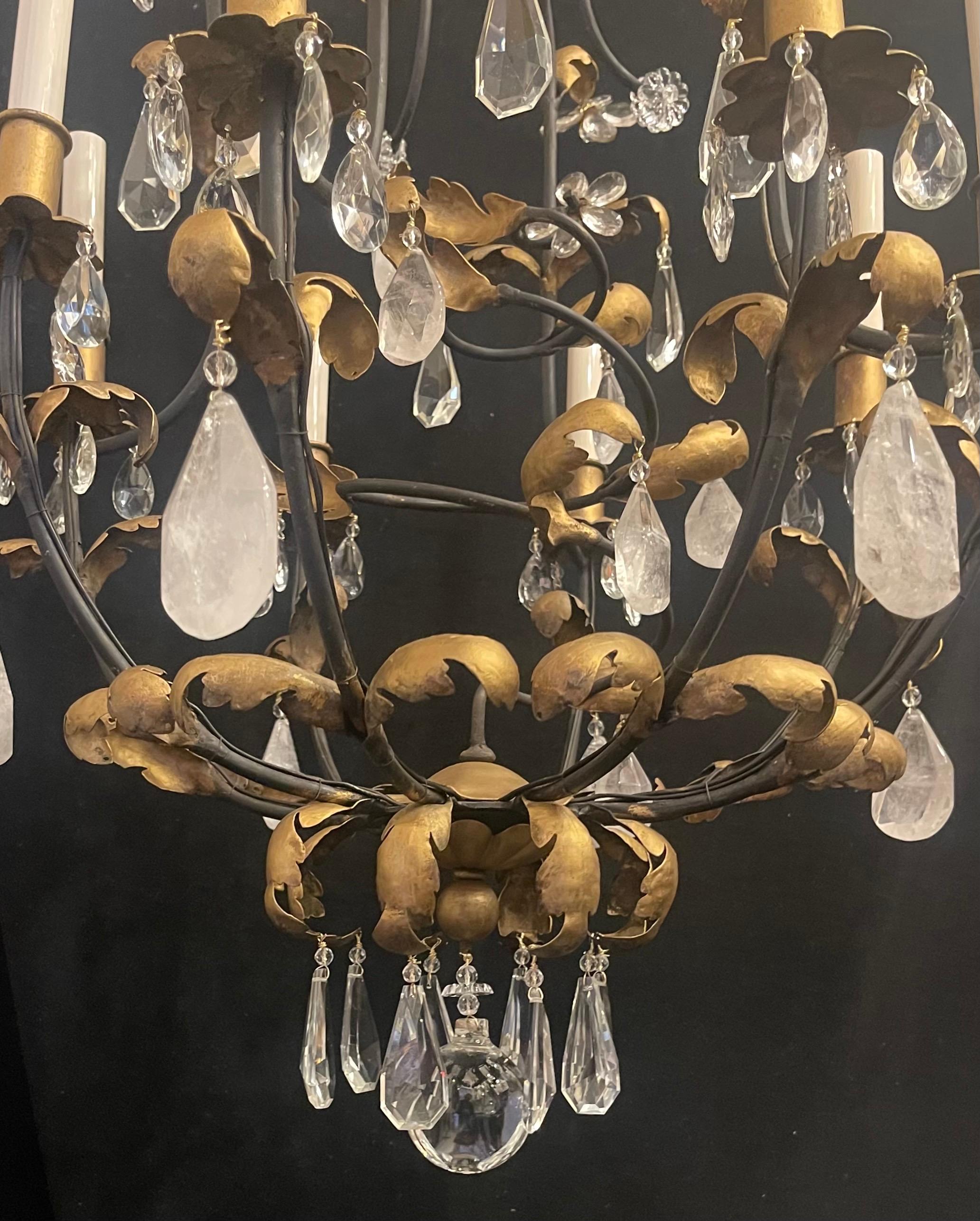 Wonderful Baguès Gold Gilt Iron Rock Crystal Flower Leaf Bird Cage Chandelier In Good Condition For Sale In Roslyn, NY