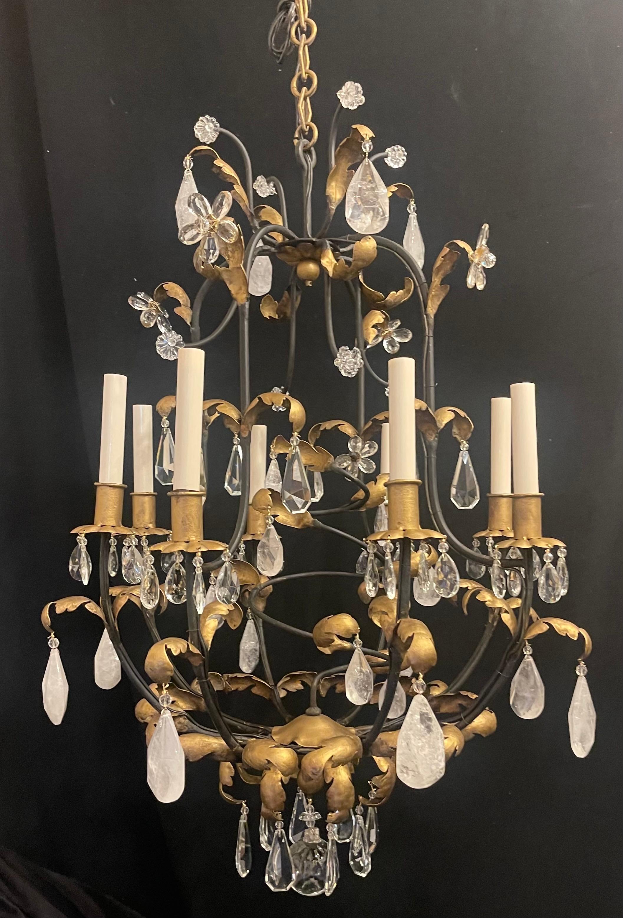 20th Century Wonderful Baguès Gold Gilt Iron Rock Crystal Flower Leaf Bird Cage Chandelier For Sale