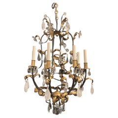 Wonderful Baguès Gold Gilt Iron Rock Crystal Flower Leaf Bird Cage Chandelier