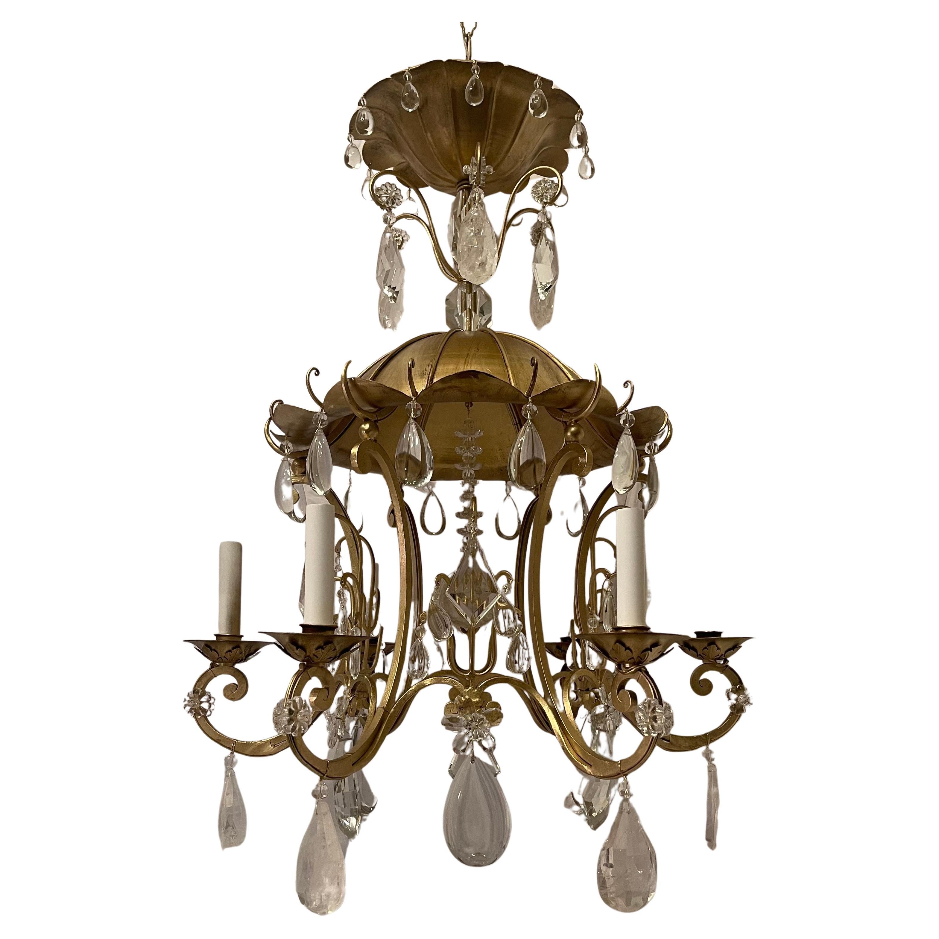 A Wonderful Maison Baguès Style Gold Gilt Pagoda / Chinoiserie Form Chandelier Adorned With Alternating Rock Crystal And Crystal Drops And Having A Rock Crystal Center Ball, This Beautiful Vintage Chandelier Has 6 Candelabra  Lights That Have Been