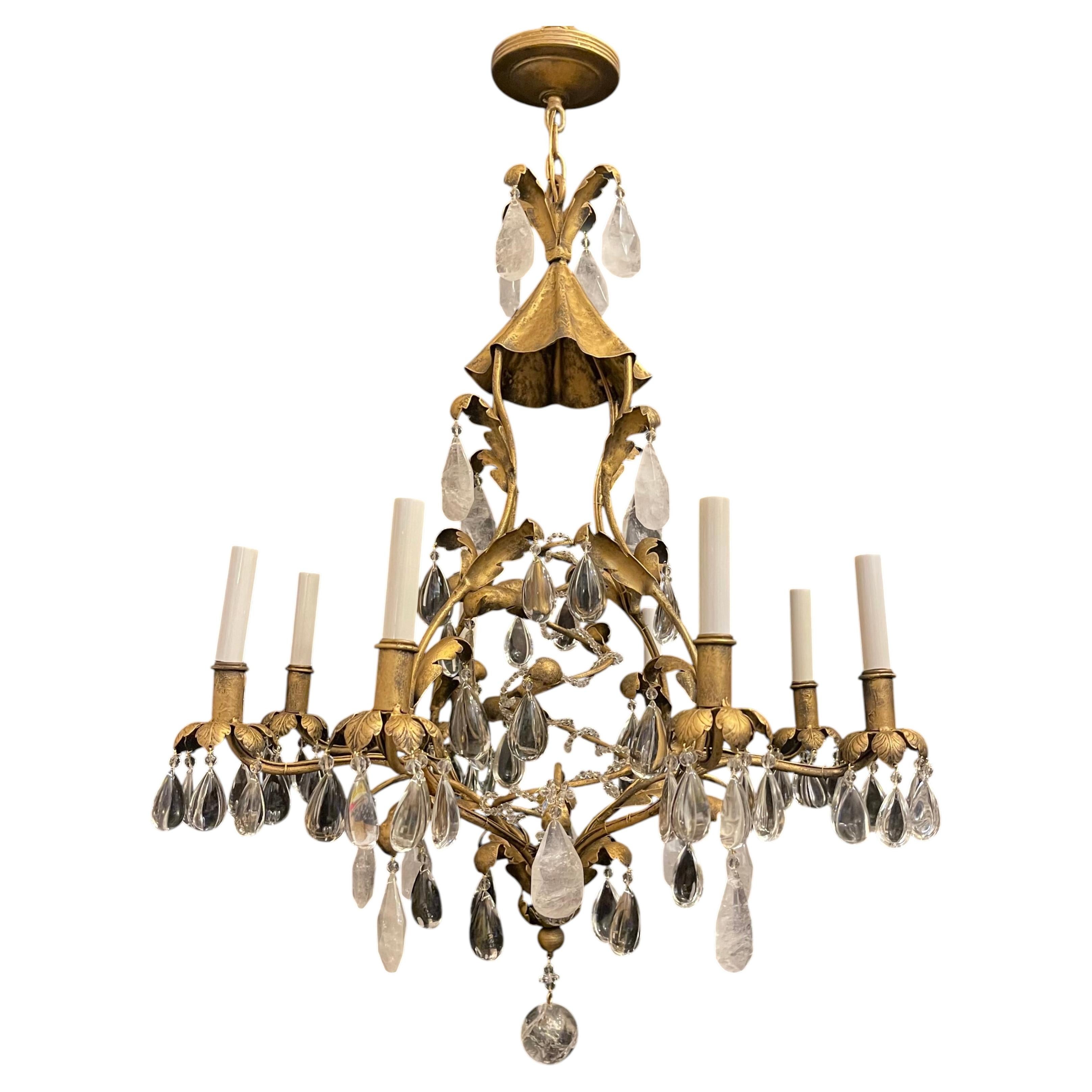 Wonderful Baguès Gold Gilt Pagoda Chinoiserie Rock Crystal Vintage Chandelier