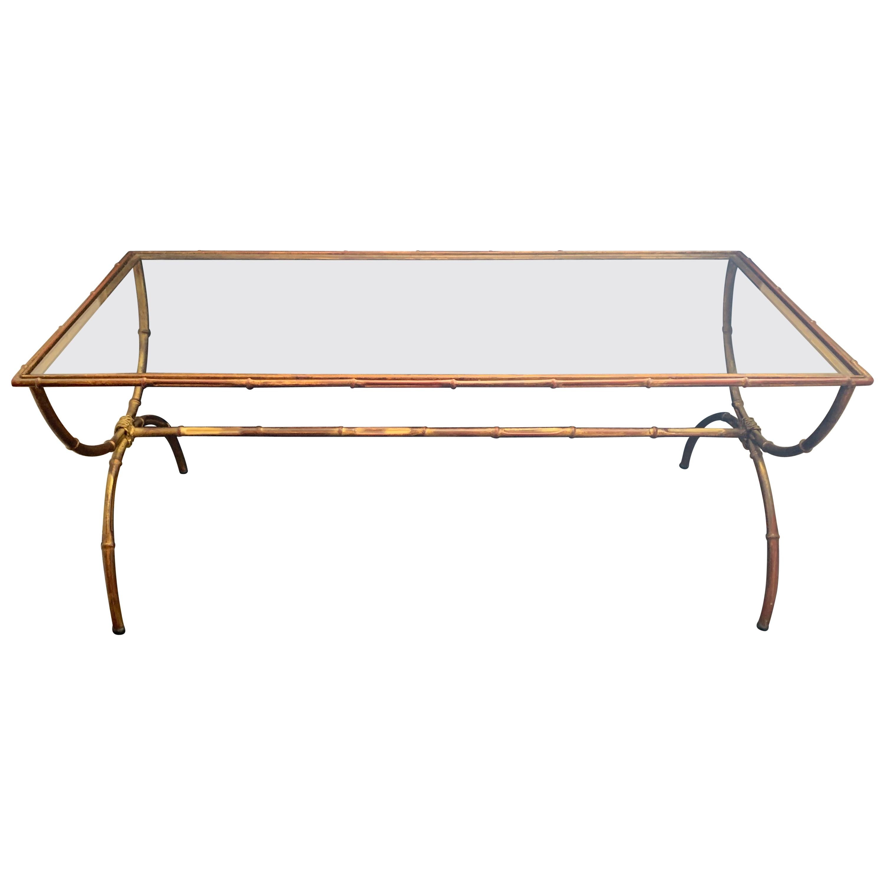 Wonderful Baguès Jansen Faux Bamboo Tole Gilt Glass Top Coffee Cocktail Table