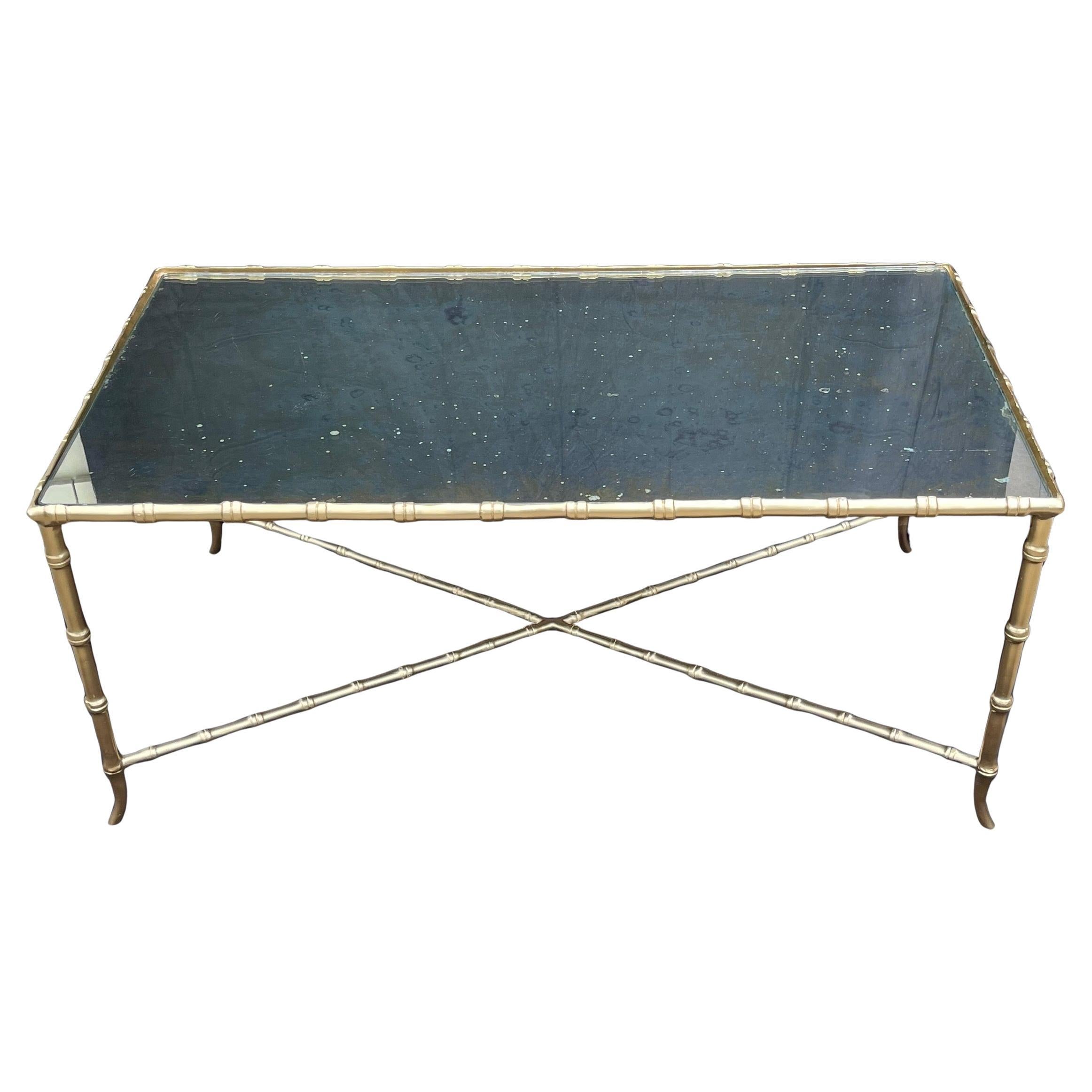Merveilleuse Baguès Jansen Table Cocktail Tables en Faux Bambou Tole Gilt Glass Top en vente