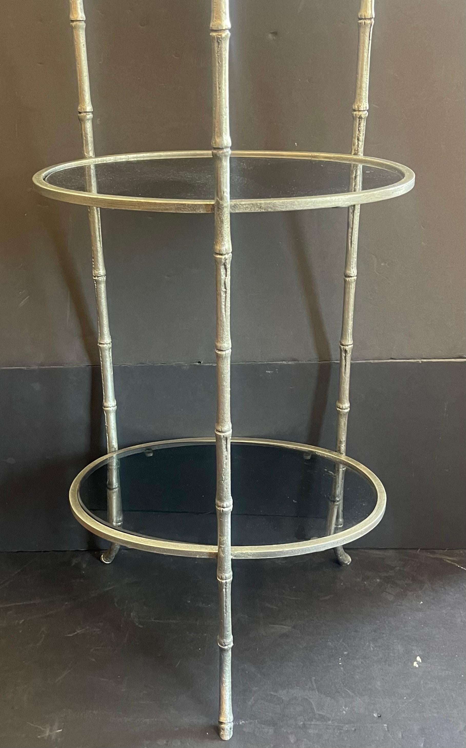 Wonderful Bagues Jansen Modern Nickel Bronze Faux Bamboo Oval Smoke Glass Table  In Good Condition For Sale In Roslyn, NY