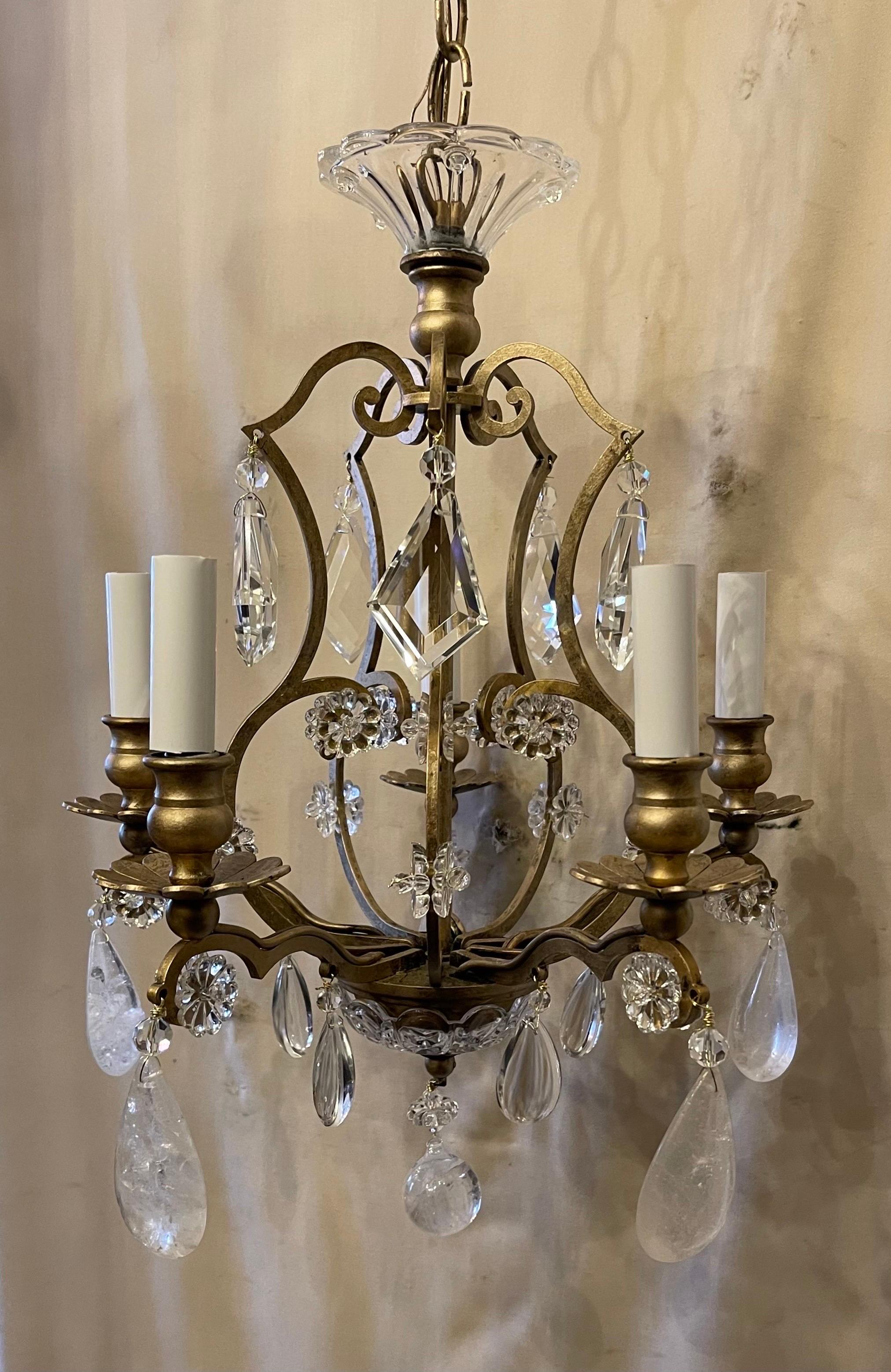 Belle Époque Wonderful Baguès Rock Crystal Beaded Flower Petite Gold Gilt Chandelier Fixture For Sale