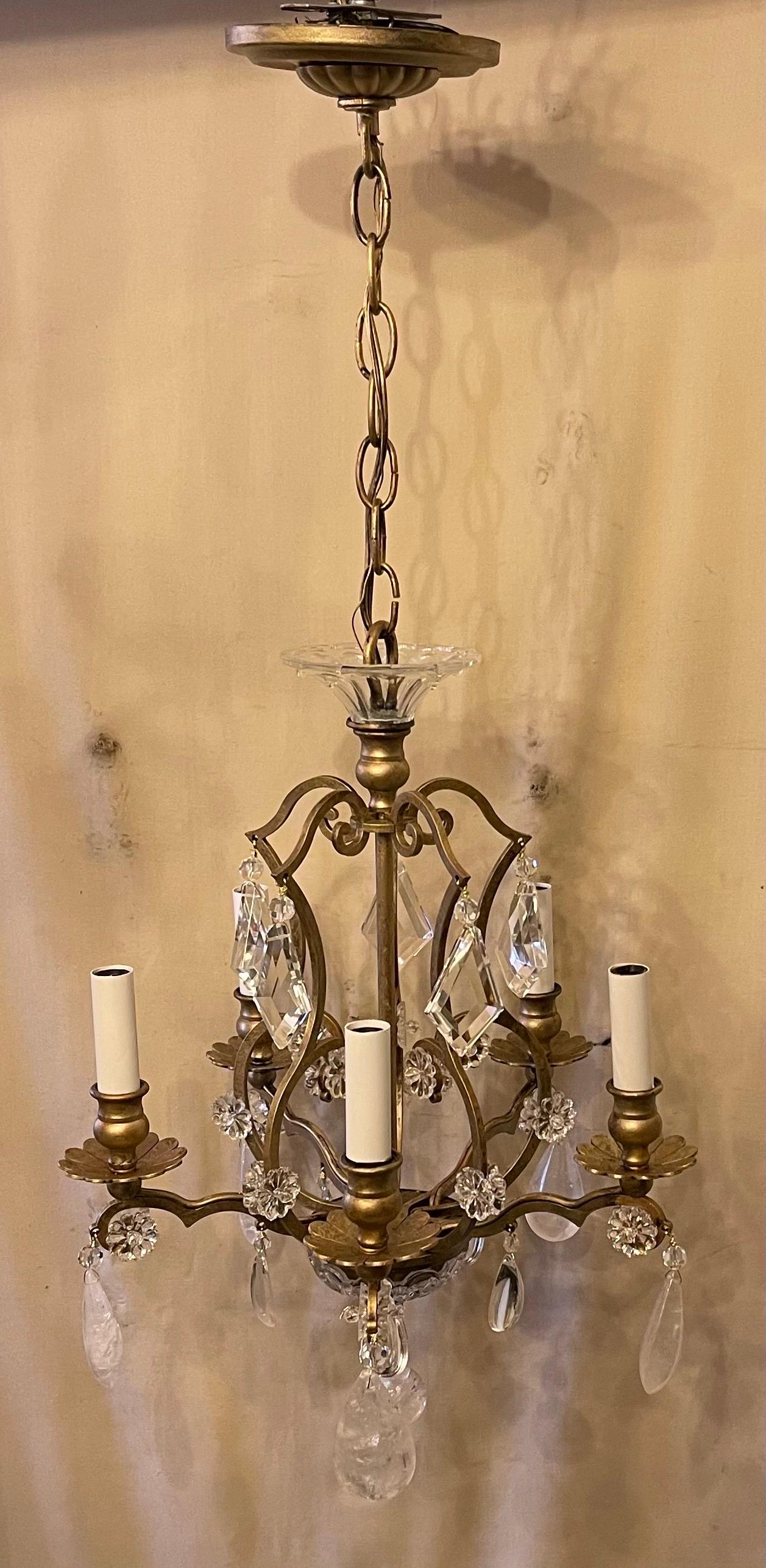 Italian Wonderful Baguès Rock Crystal Beaded Flower Petite Gold Gilt Chandelier Fixture For Sale