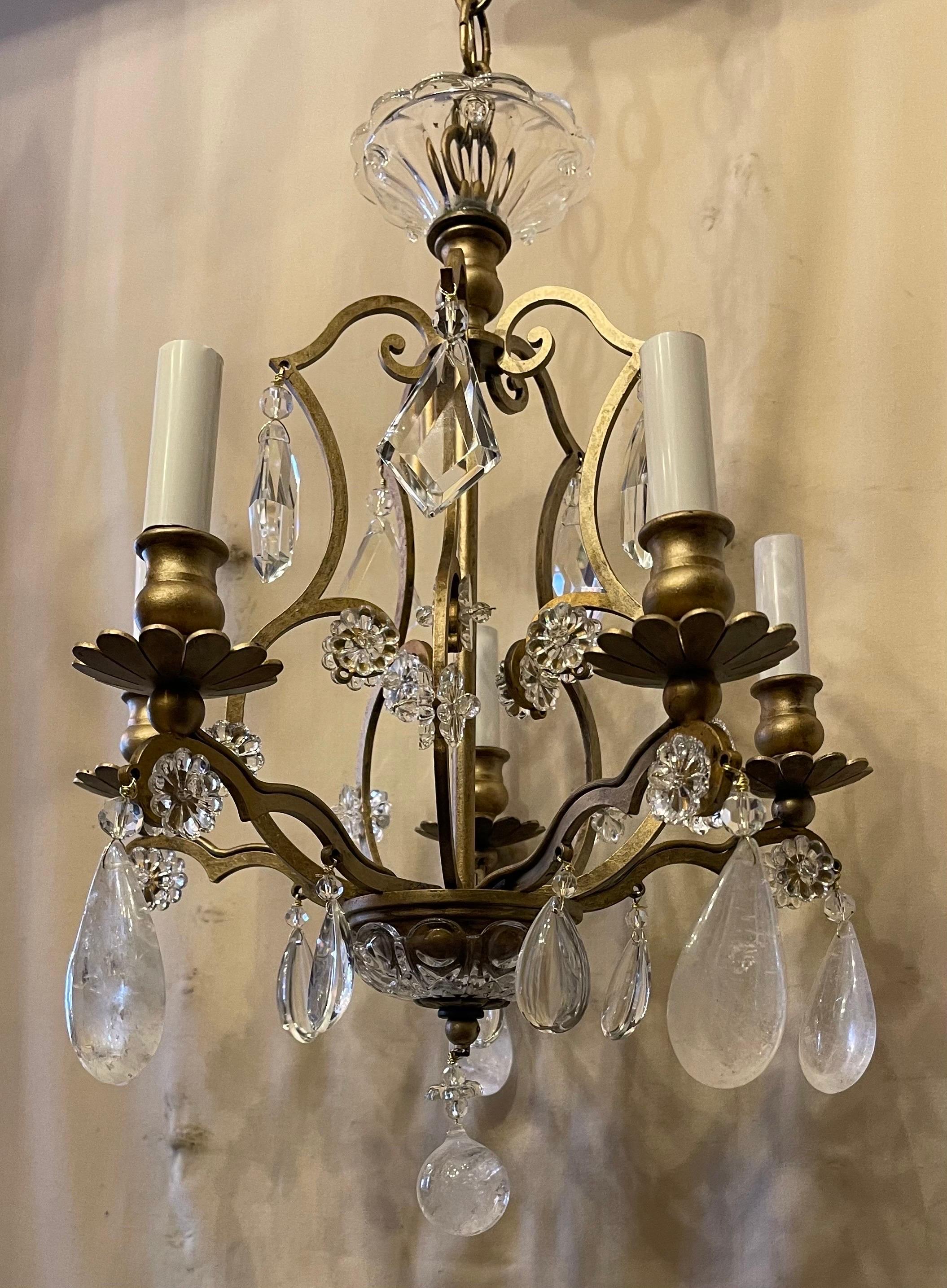 Wonderful Baguès Rock Crystal Beaded Flower Petite Gold Gilt Chandelier Fixture In Good Condition For Sale In Roslyn, NY
