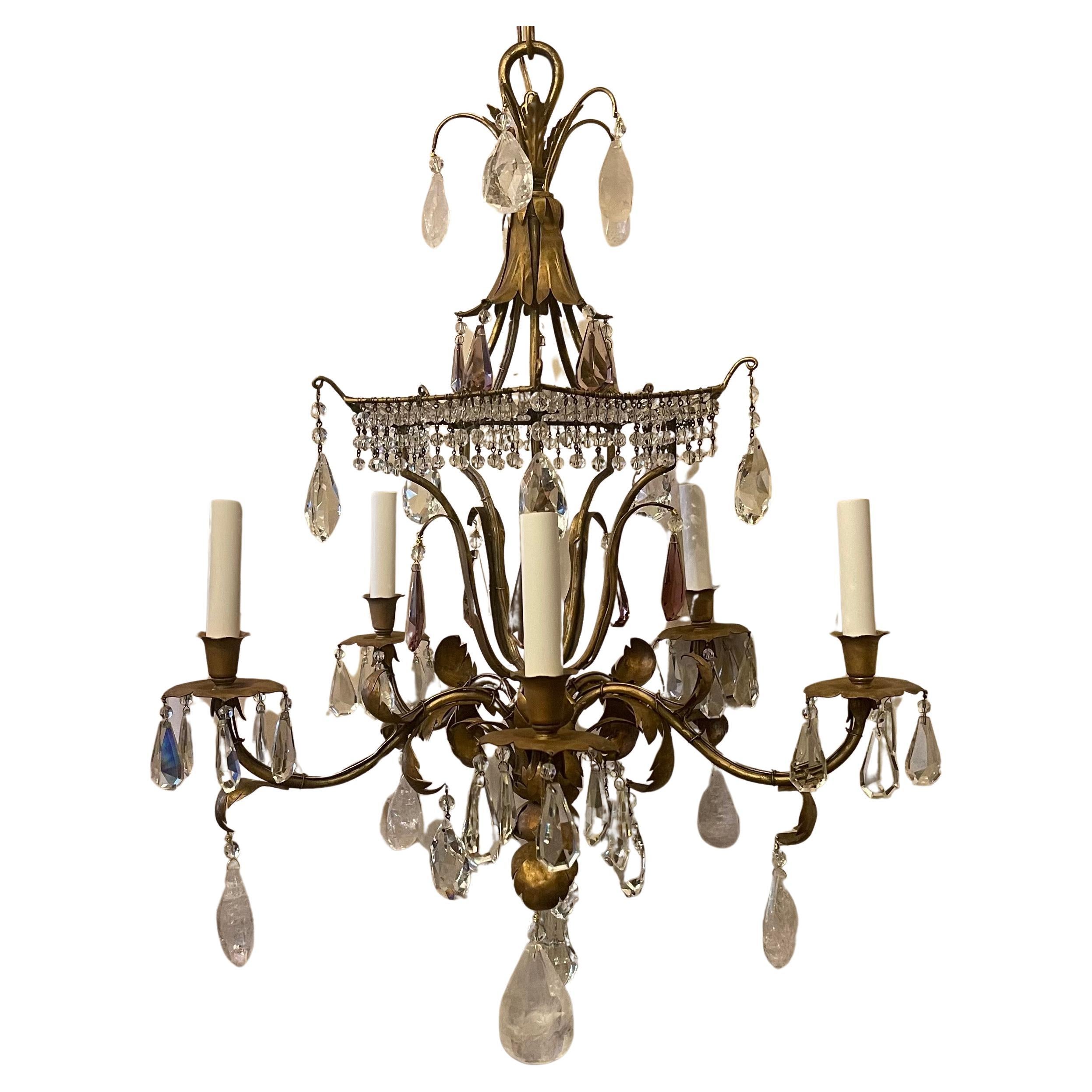 A Wonderful Maison Baguès Style Rock Crystal 7 Amethyst Drop And A Beautiful Beaded Pagoda Form Bird Cage Chandelier Having 5 Candelabra Lights In The Chinoiserie Motif. 
Accompanied By Chain Canopy And Mounting Hardware. 