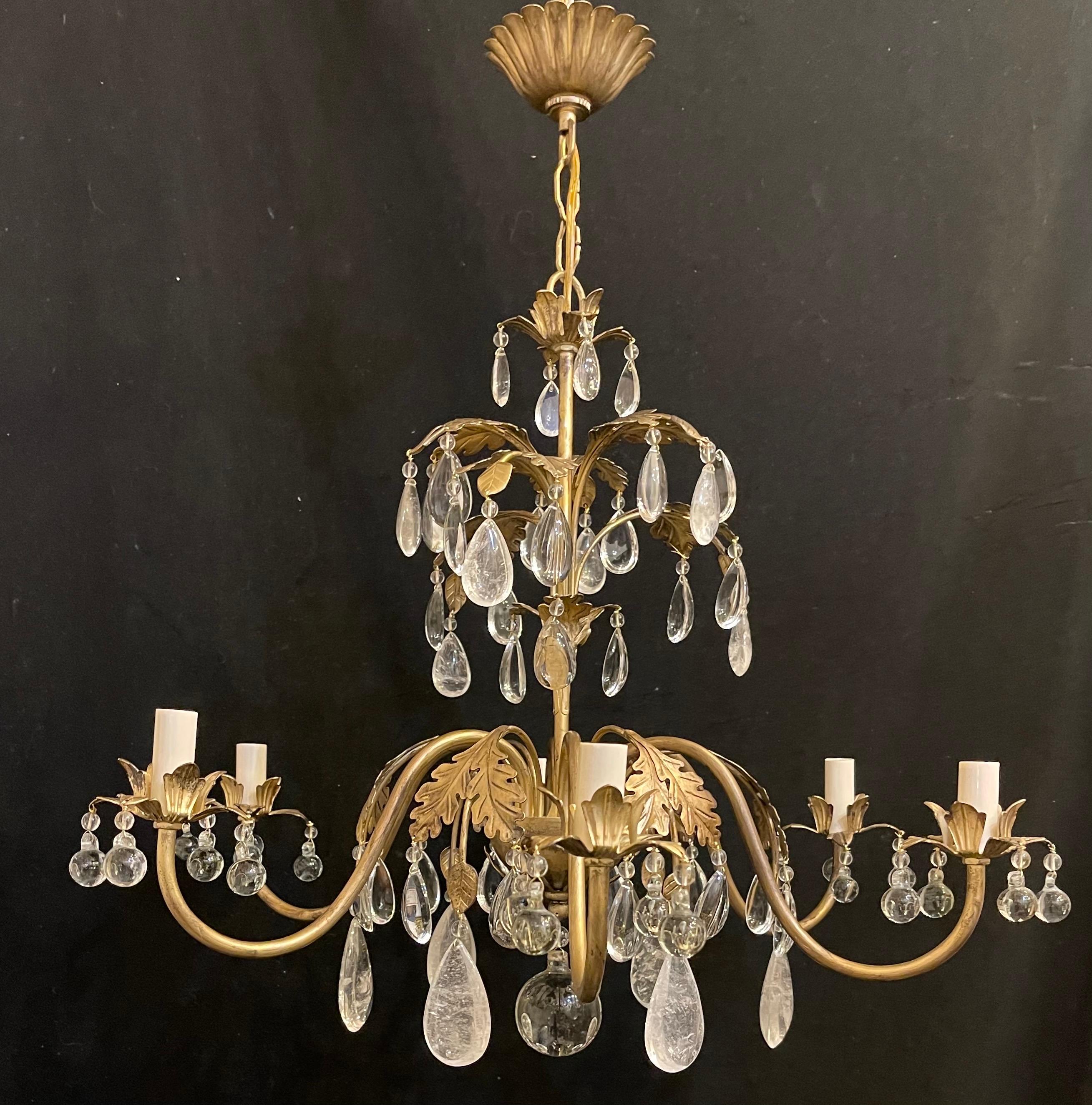 Italiano Wonderful Baguès Rock Crystal Chinoiserie Gold Gilt Foliage Chandelier Fixture in vendita