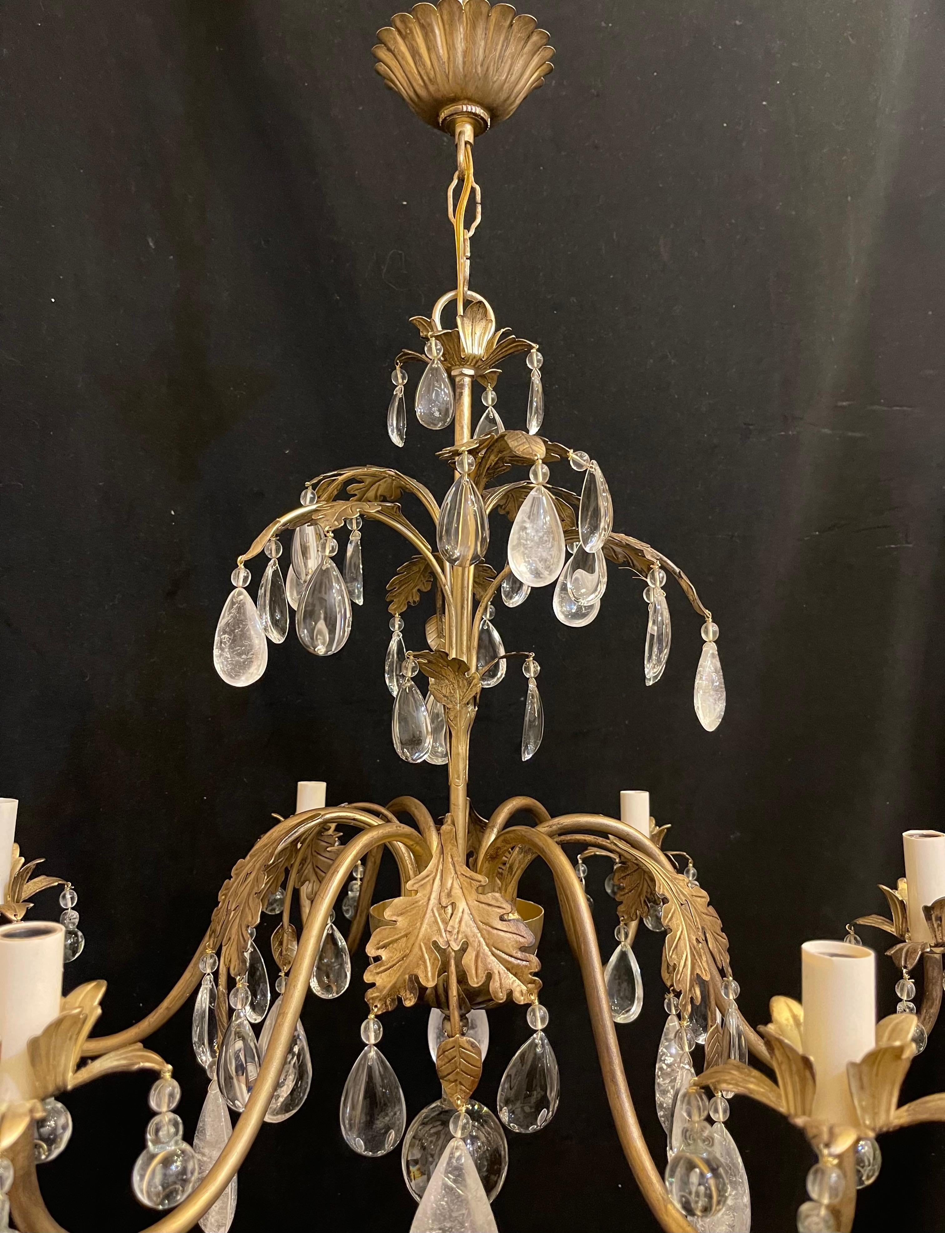 Wonderful Baguès Rock Crystal Chinoiserie Gold Gilt Foliage Chandelier Fixture In condizioni buone in vendita a Roslyn, NY