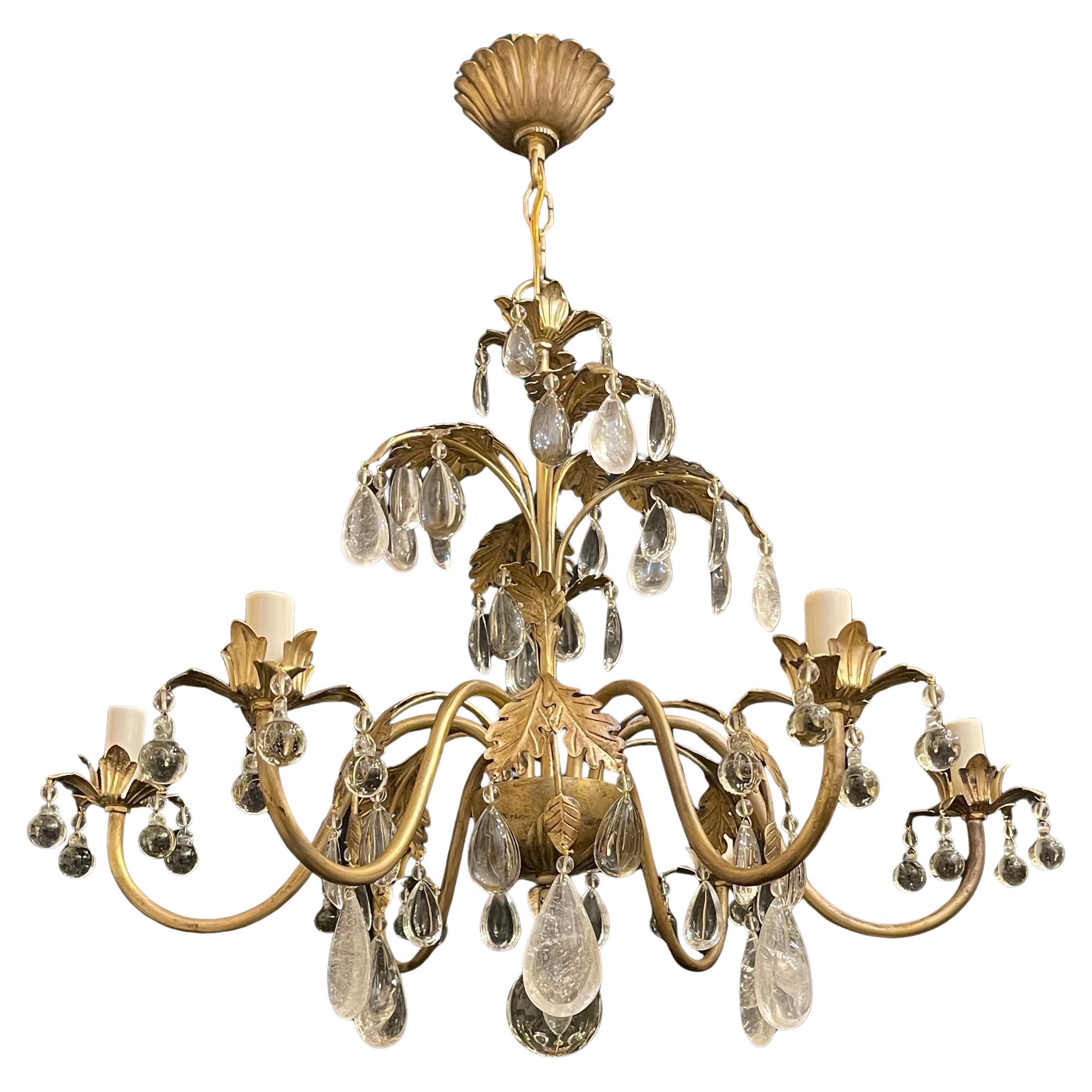 Wonderful Baguès Rock Crystal Chinoiserie Gold Gilt Foliage Chandelier Fixture