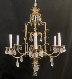 Wonderful Baguès Rock Crystal Chinoiserie Pagoda Gold Gilt Leaf Spray Chandelier
