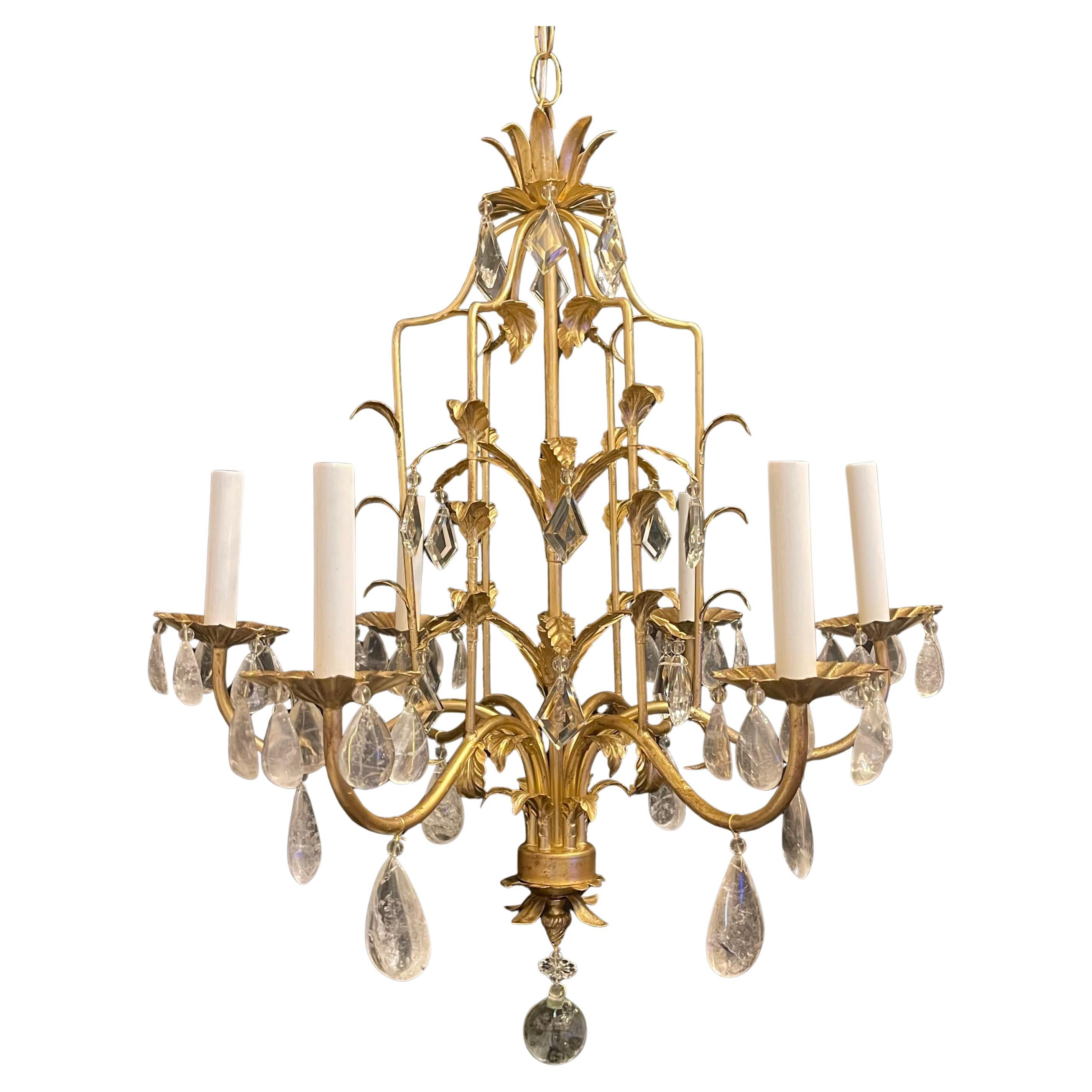 Wonderful Baguès Rock Crystal Chinoiserie Pagoda Gold Gilt Leaf Spray Chandelier
