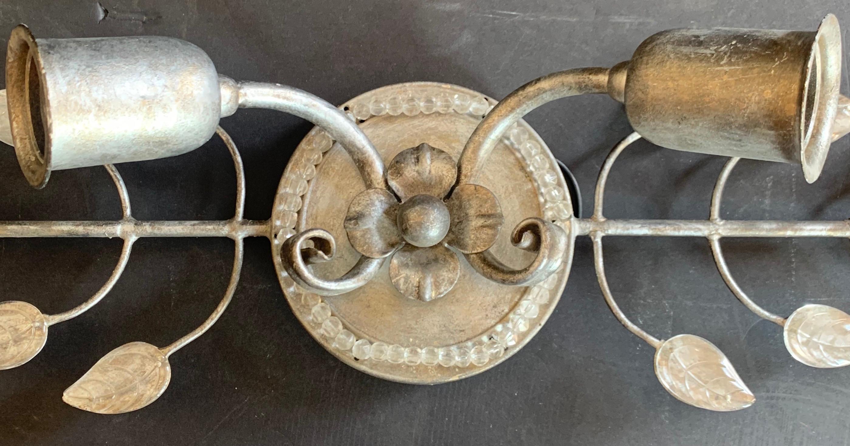 A wonderful Baguès style leaf form over vanity mirror sconce wall light fixture with beading. Completely rewired with new socket can be used for bathrooms / wet areas, comes ready to install and enjoy with mounting brackets.