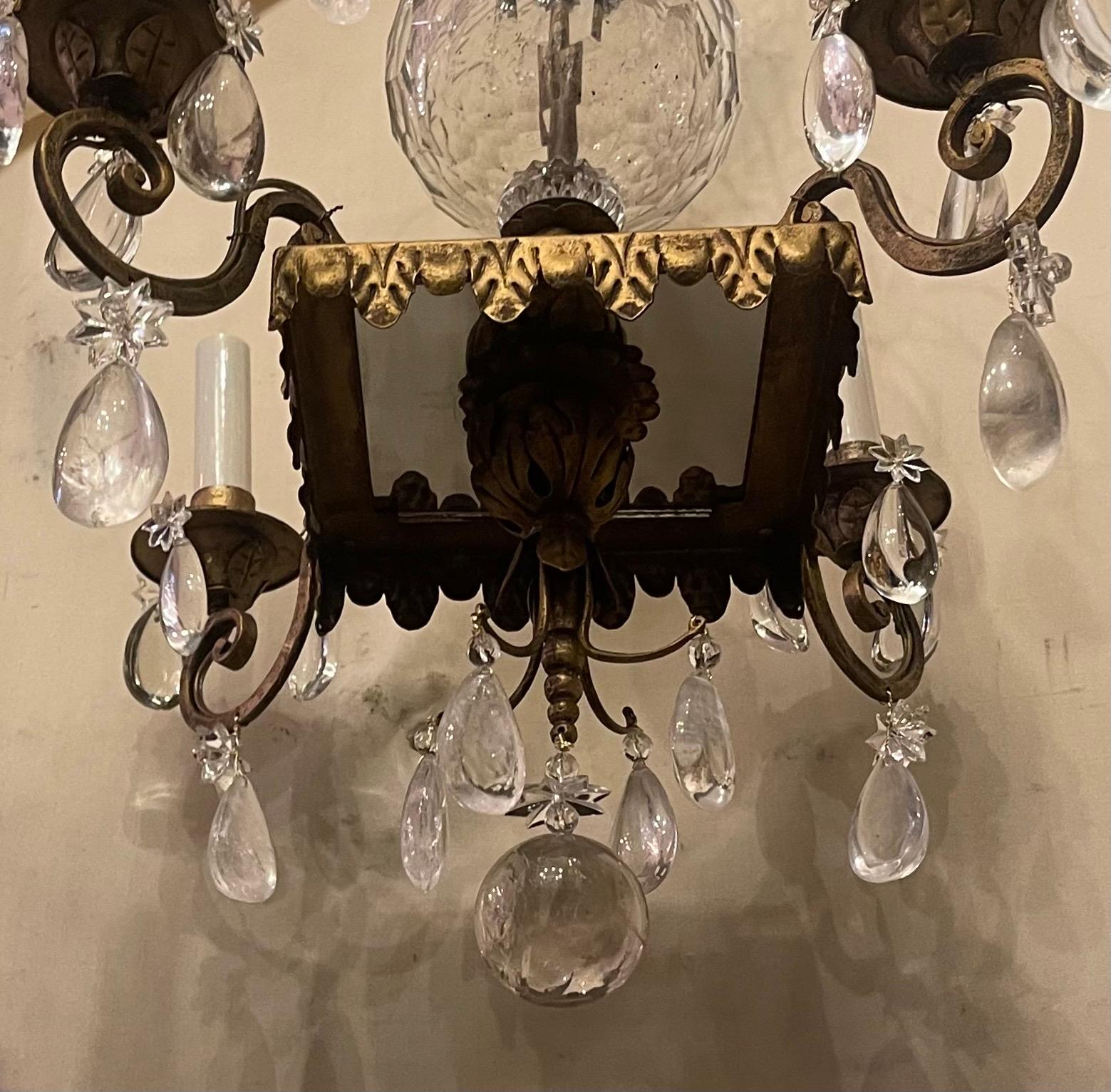 20th Century Wonderful Bagues Style Mid Century Modern Rock Crystal Gold Gilt Chandelier For Sale