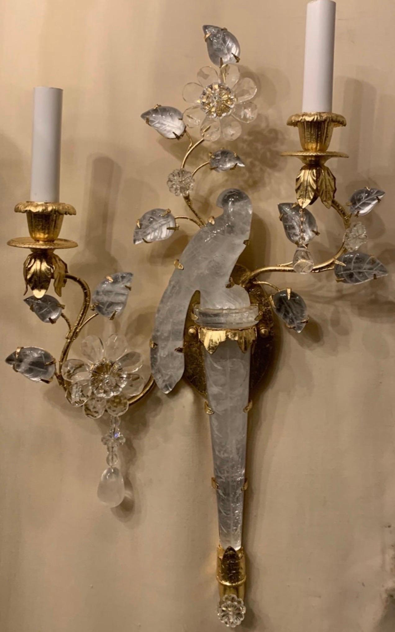 A wonderful pair of Baguès style two-arm gold gilt rock crystal bird urn, flower and leaf form petite sconces.
Each rewire with new candelabra sockets.

3 Pairs are available 
Each pair sold separately.
