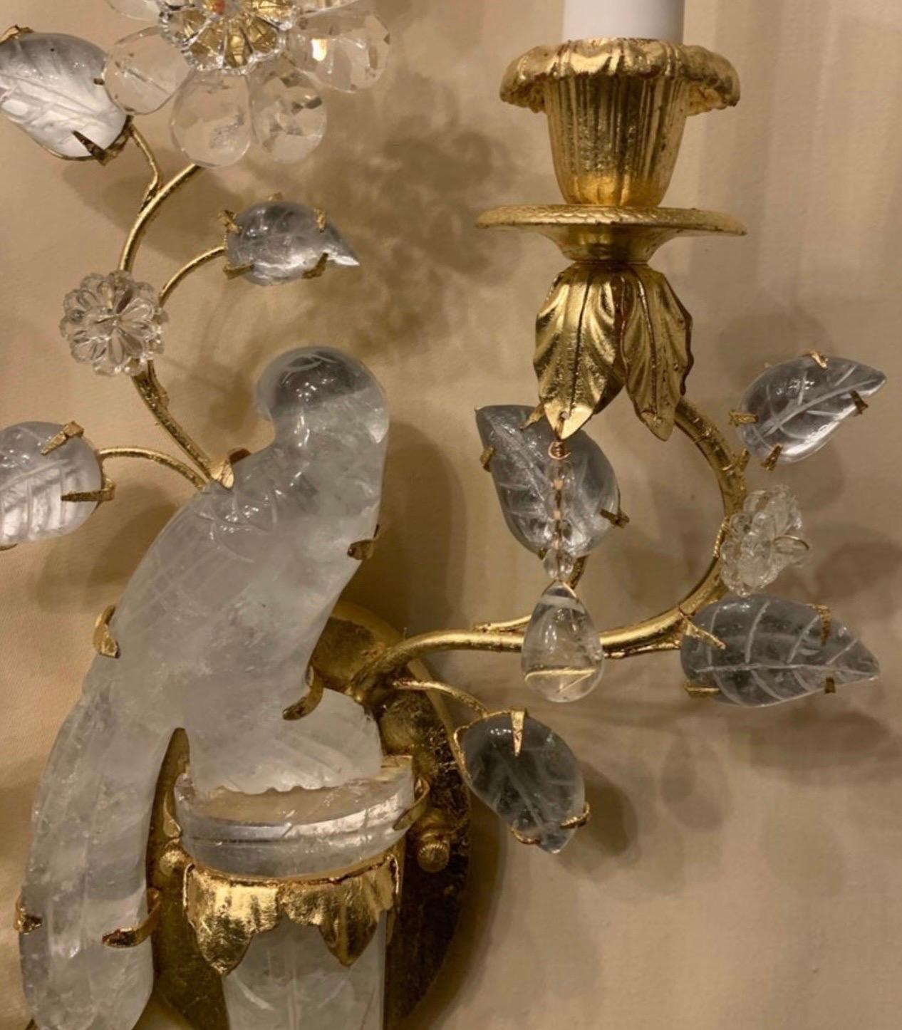 Italian Wonderful Baguès Style Two-Arm Rock Crystal Bird Urn Form Petite Sconces 3 Pairs For Sale