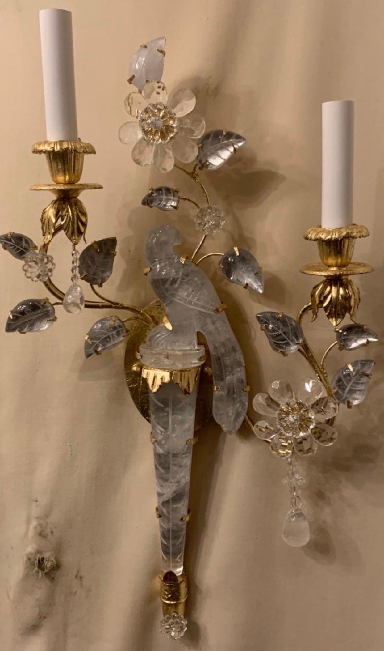 20th Century Wonderful Baguès Style Two-Arm Rock Crystal Bird Urn Form Petite Sconces 3 Pairs For Sale