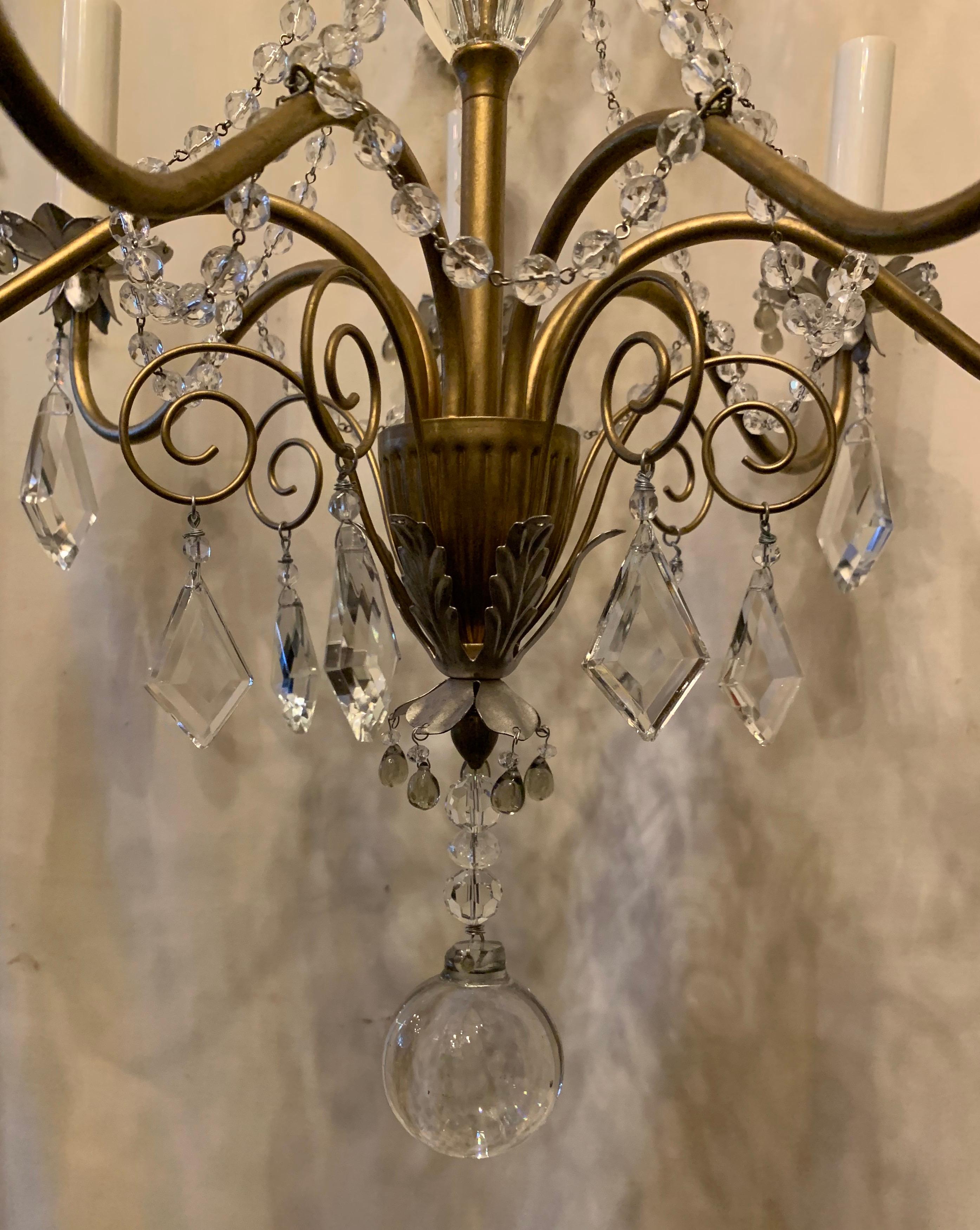 Wonderful Baguès Tole Silver Gold Gilt Crystal Beaded Swag 7-Light Chandelier In Good Condition In Roslyn, NY