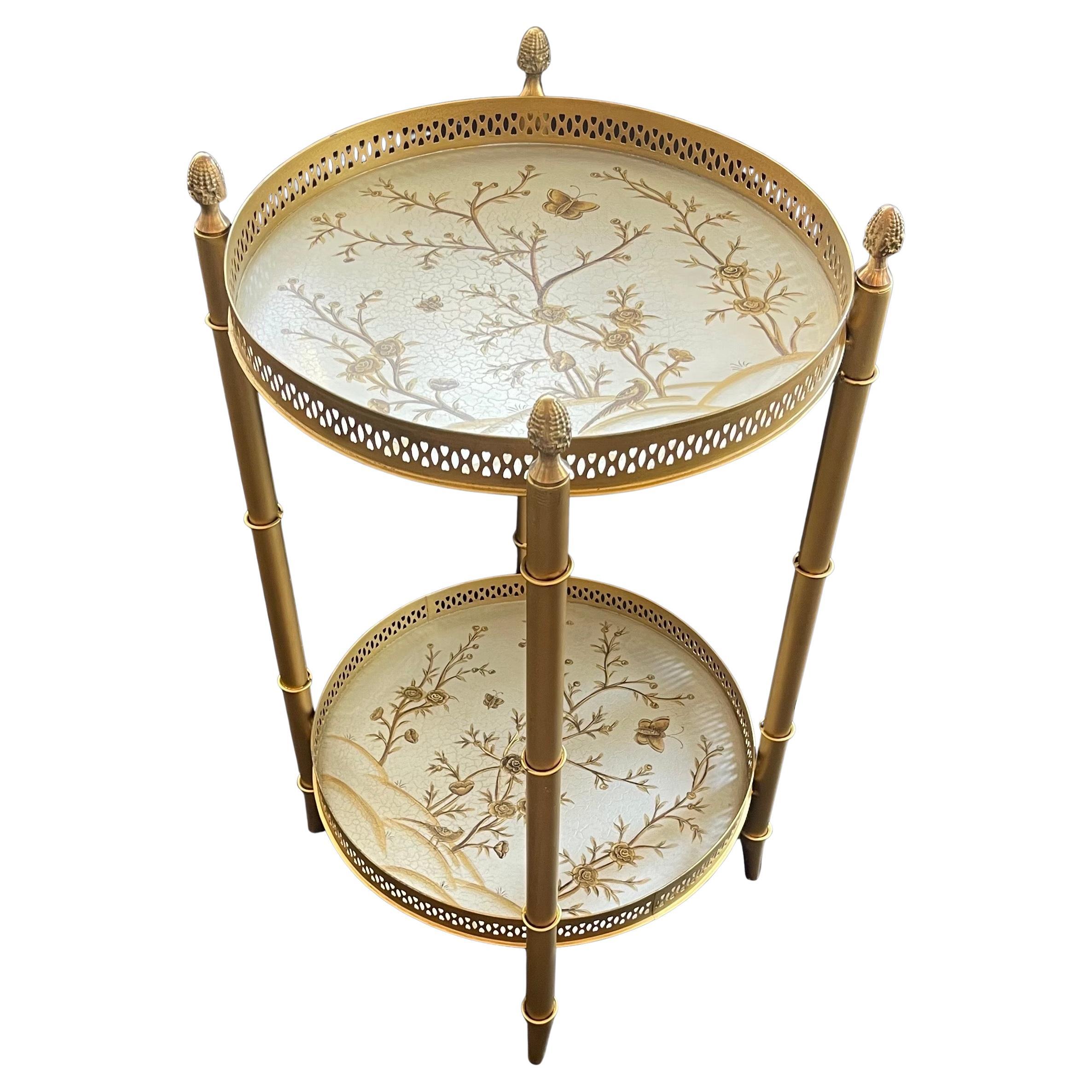 Wunderbare Bambus Runde gemalt Chinoiserie Tole zwei Etagen Seite Ende Tablett Tabelle (Handbemalt) im Angebot