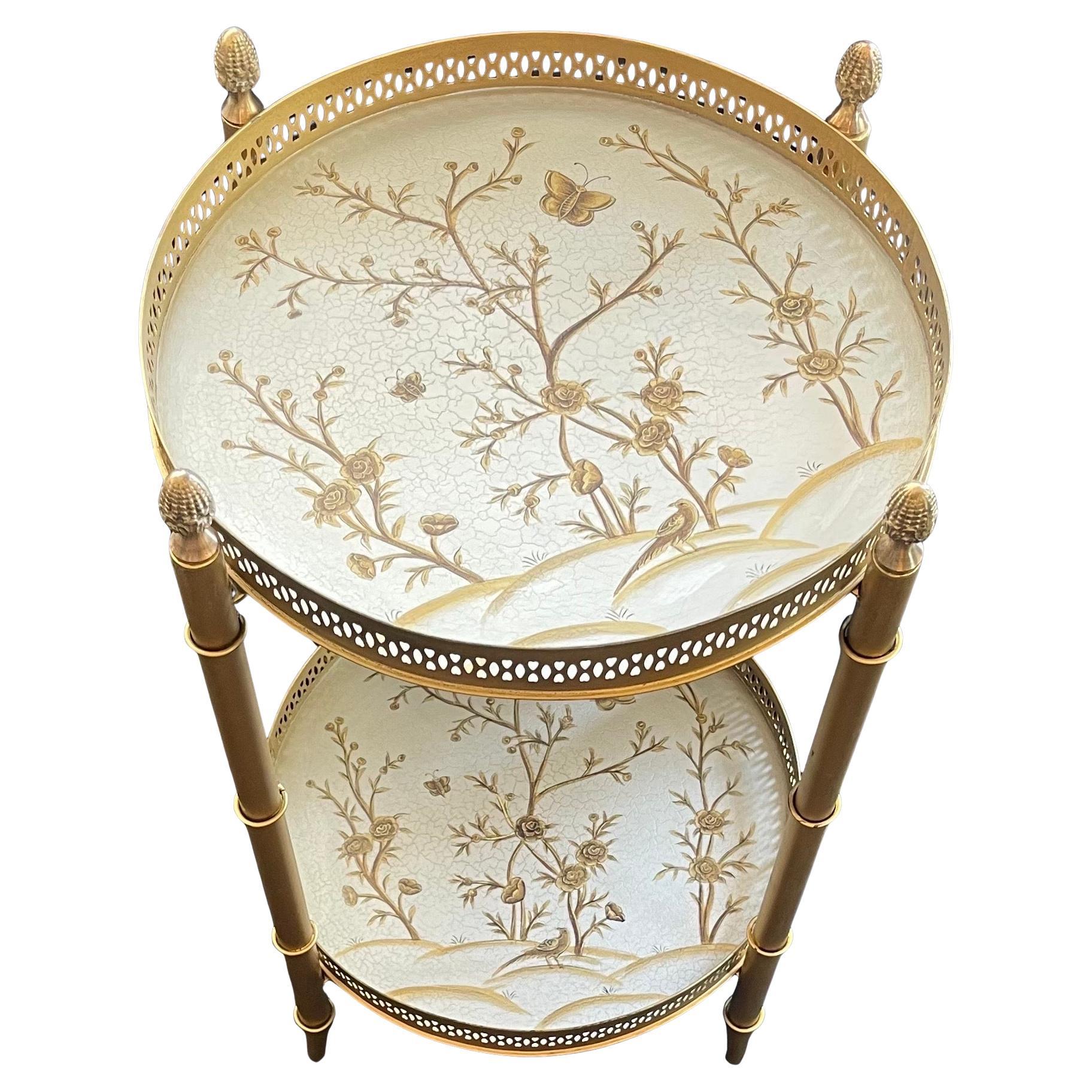 Wunderbare Bambus Runde gemalt Chinoiserie Tole zwei Etagen Seite Ende Tablett Tabelle