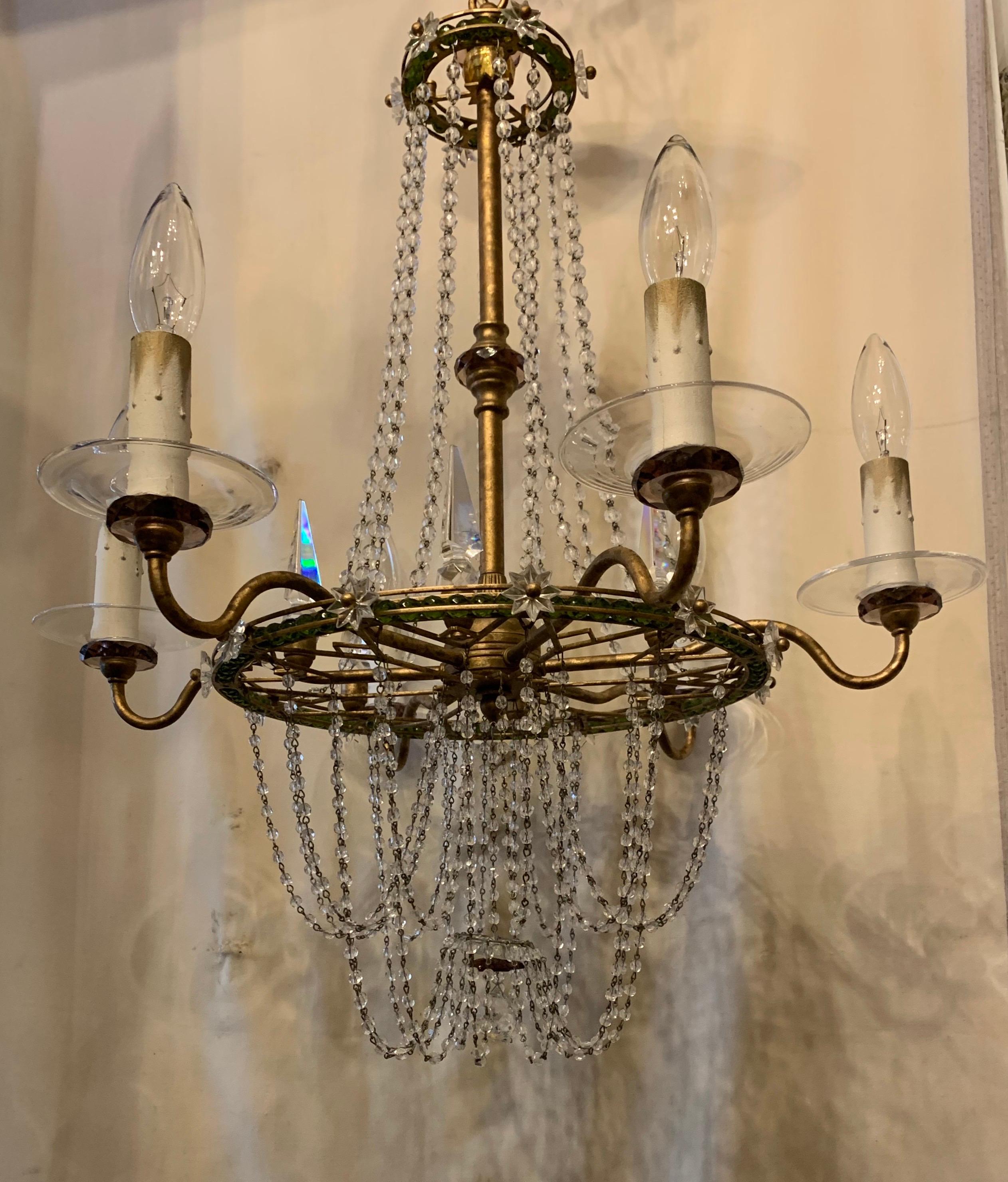 A wonderful beaded basket form crystal draping swag amethyst and green crystal inset star chandelier 6 lite fixture
Measurements: 19 1/2