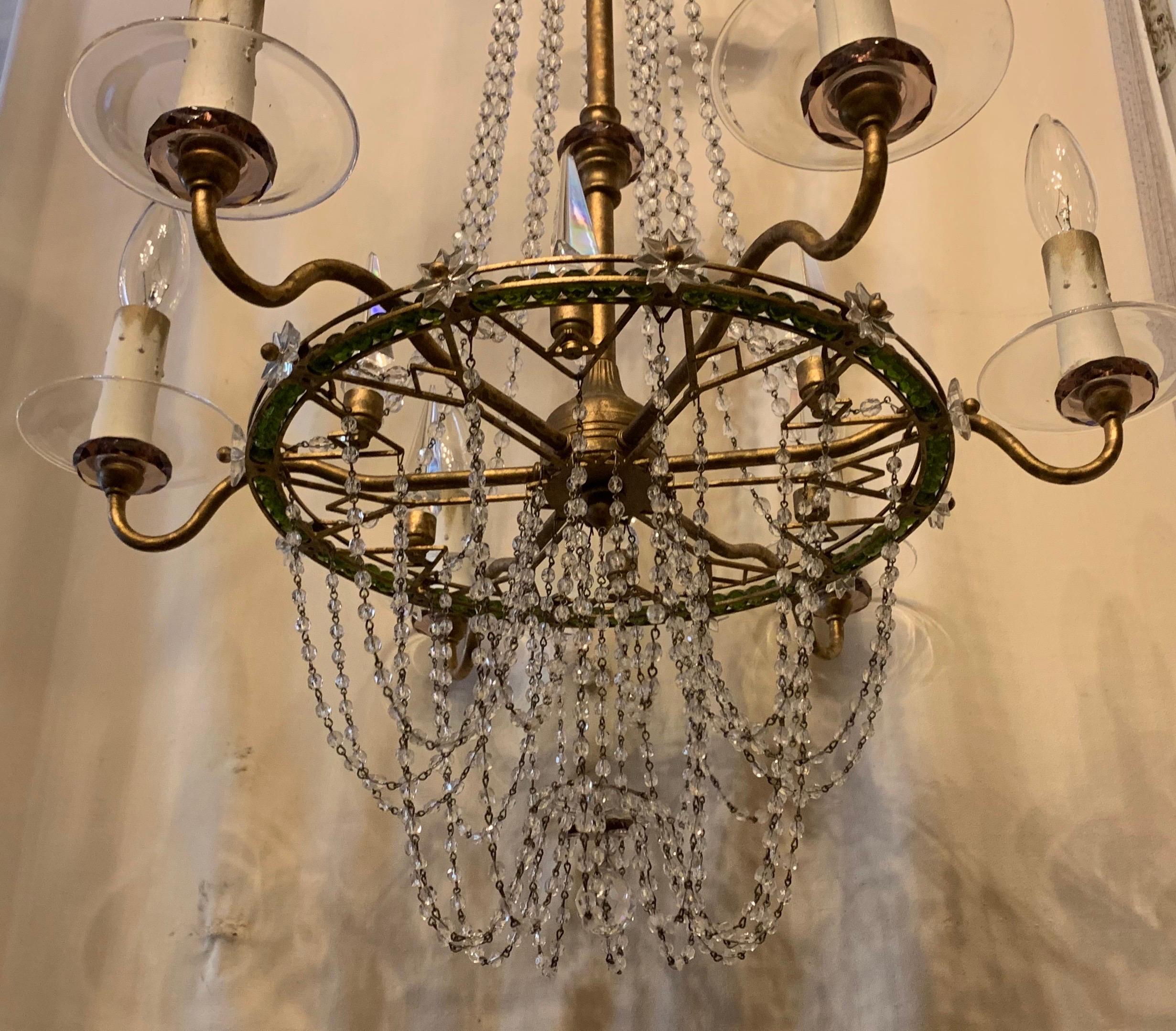 Wonderful Beaded Basket Crystal Swag Amethyst Green Star Chandelier Fixture In Good Condition In Roslyn, NY
