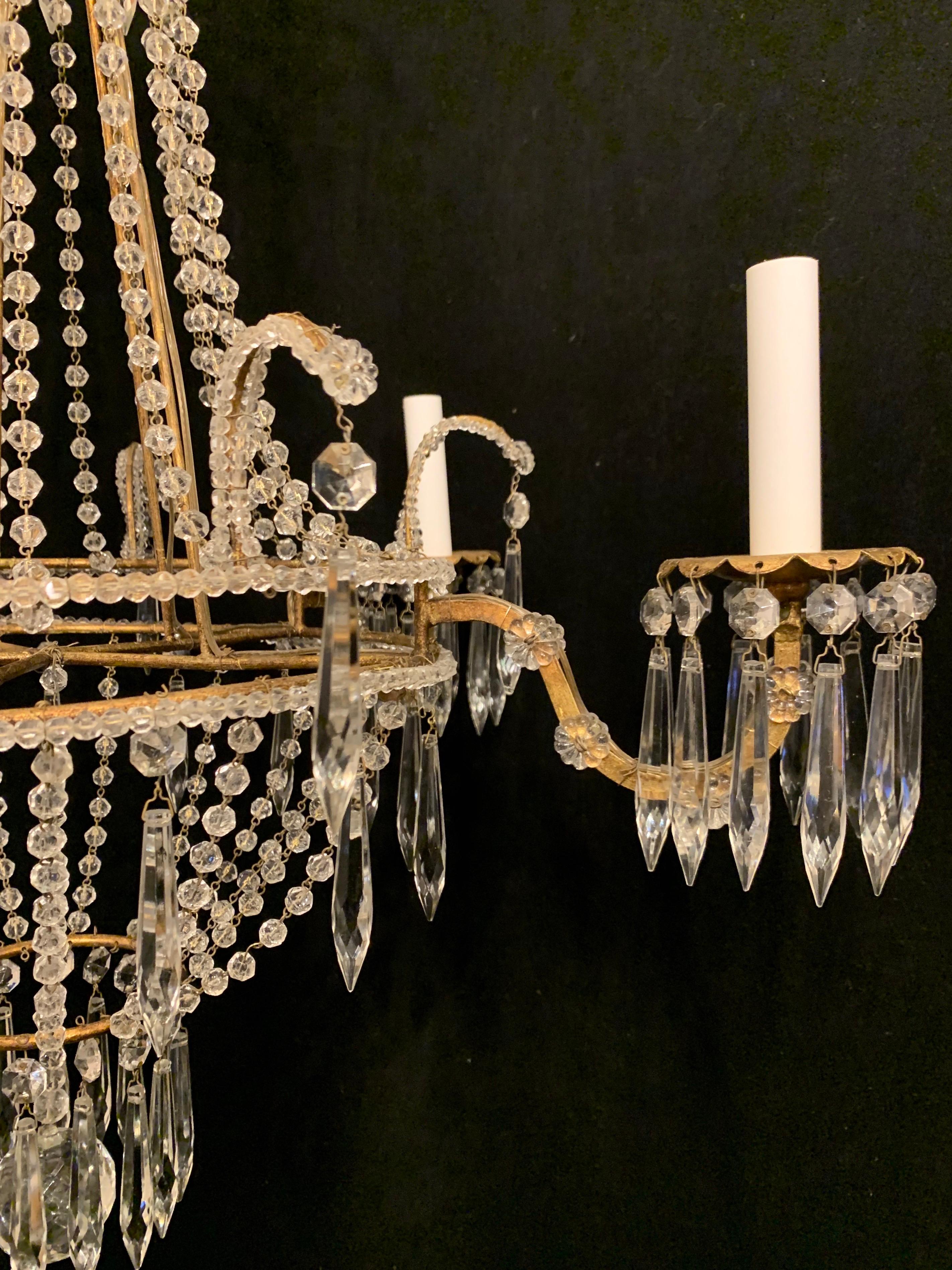 Doré Magnifique lustre panier en cristal perlé et doré à 5 lumières en forme de guirlande italienne en vente